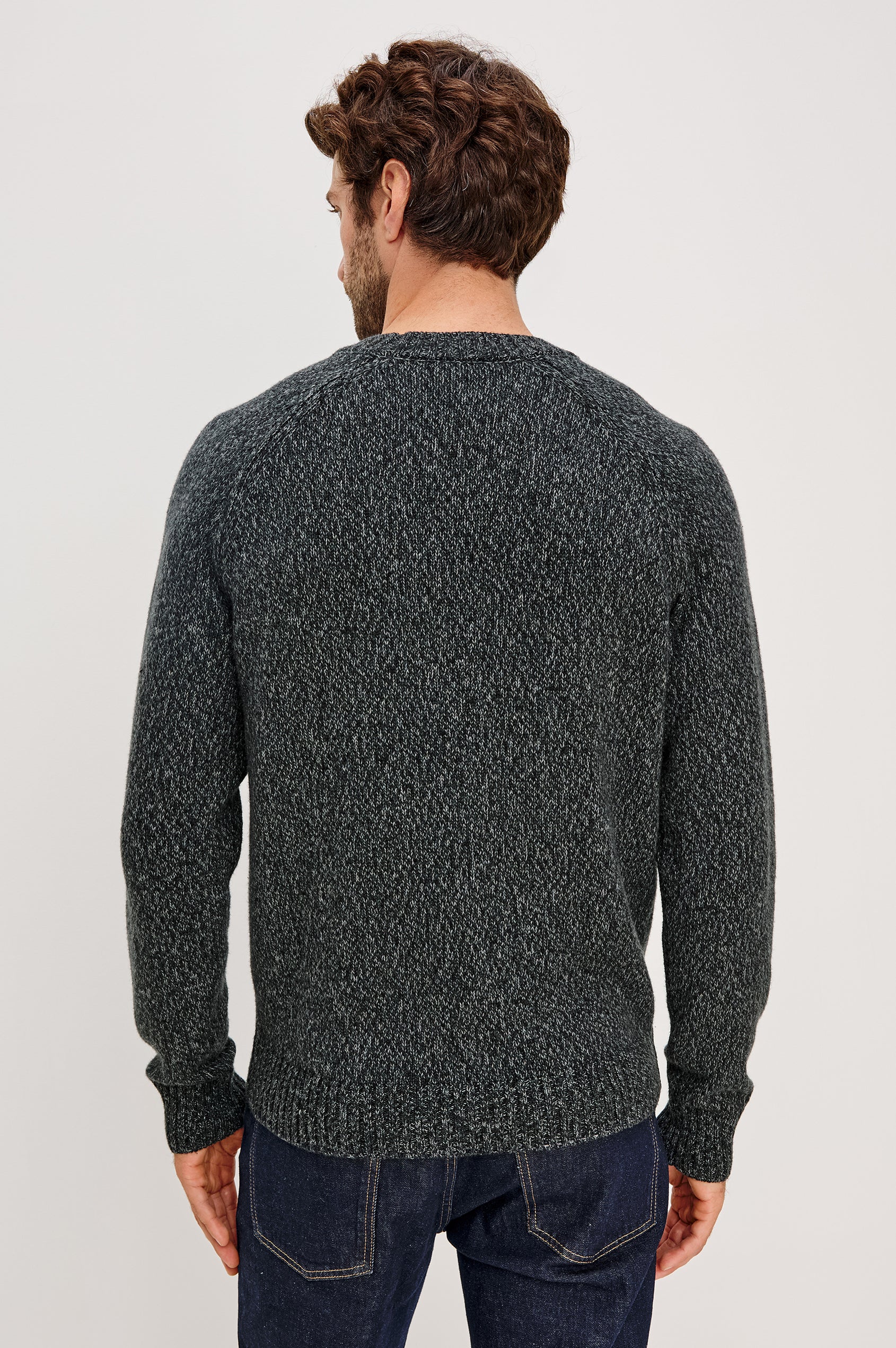 Donovan Long-Sleeve Sweater with a Crew Neck and Ribbed Trim in Graphite Colorway - Back View Featured on Model