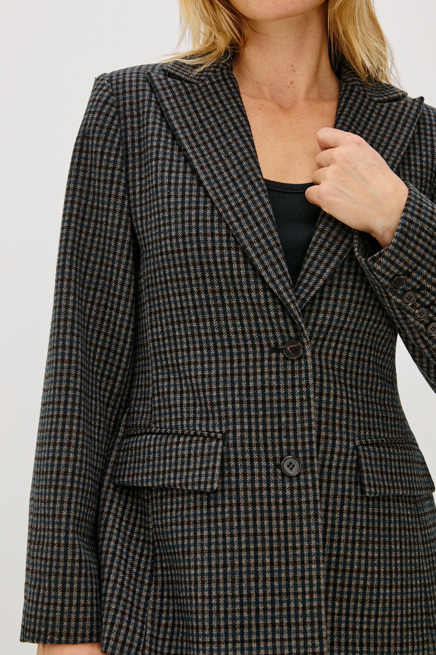 Doris tailored blazer in Glasgow Check, featuring a classic plaid pattern in tan and charcoal tones - front view featured on model.