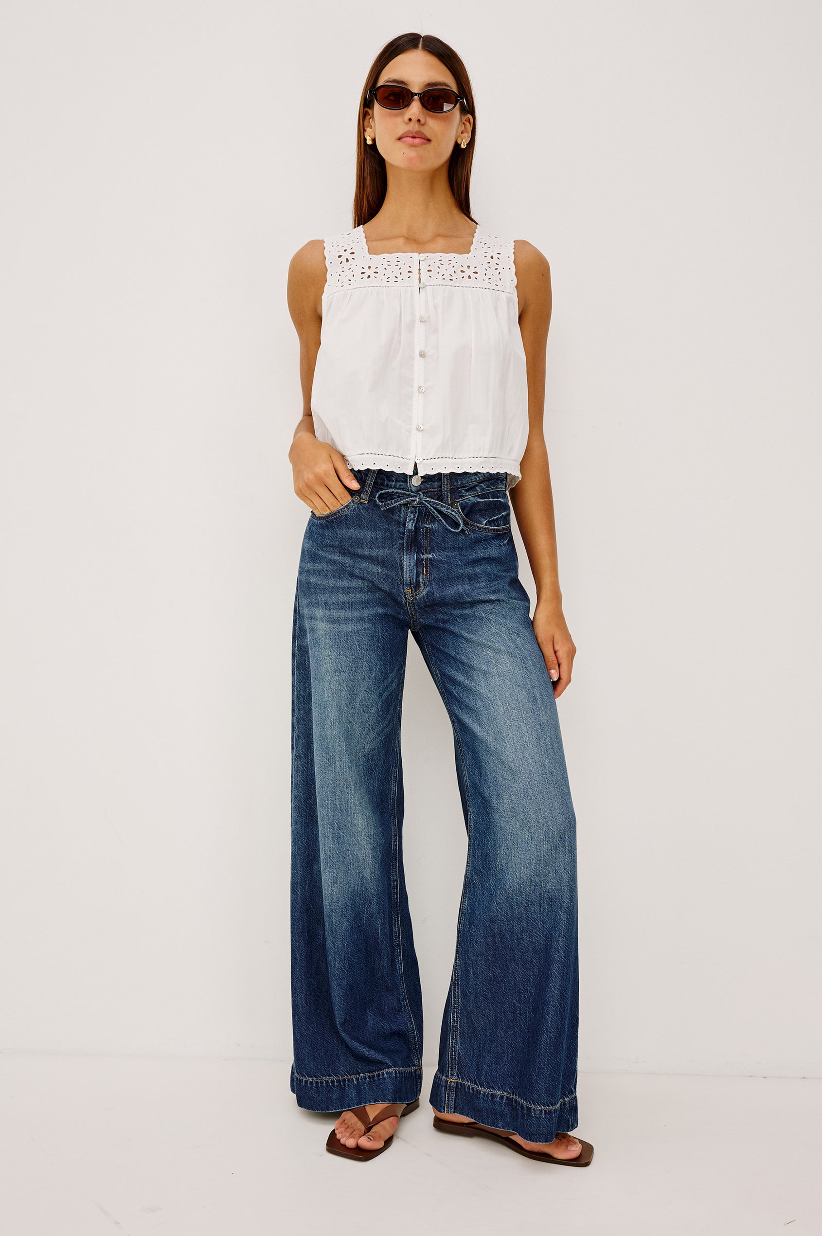 Dover High-Rise Palazzo Jean in Rigid Denim With Relaxed Fit, Zip Fly, Adjustable Waist Ties, and Wide, Drapey Legs in Boondocks Colorway - Full Body Front View Featured on Model