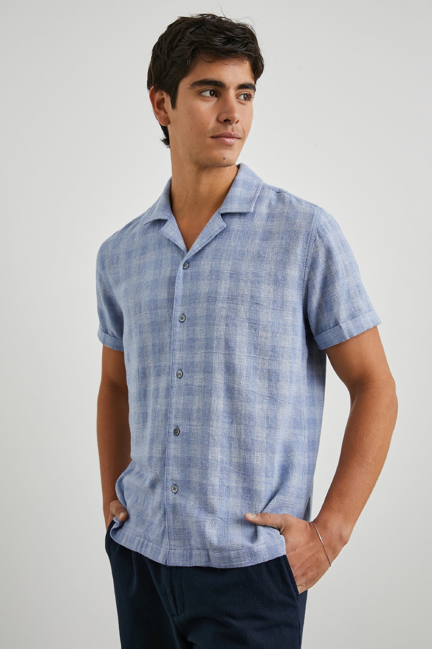 Dresden Short Sleeve Button Up with Rolled Cuffs in Home Spun Blue Gingham Colorway - Front View Featured on Model