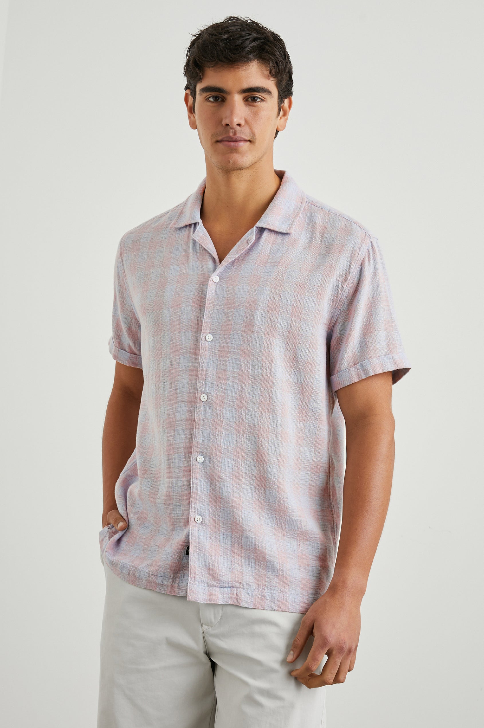 Dresden Short Sleeve Button Up with Rolled Cuffs in Home Spun Rouge Gingham Colorway, Rouge and Blue - Front View Featured on Model
