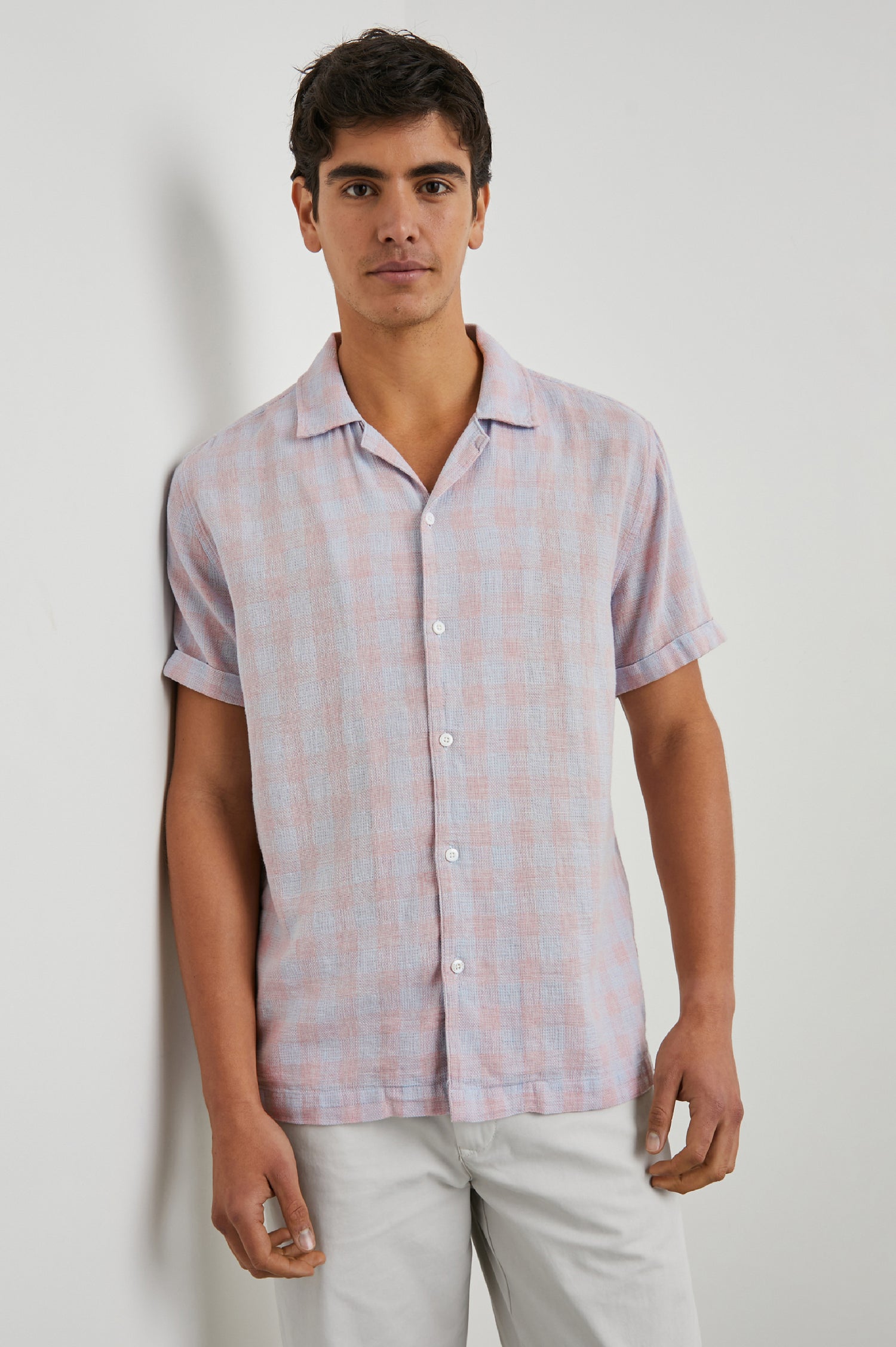 Dresden Short Sleeve Button Up with Rolled Cuffs in Home Spun Rouge Gingham Colorway, Rouge and Blue - Front View Featured on Model
