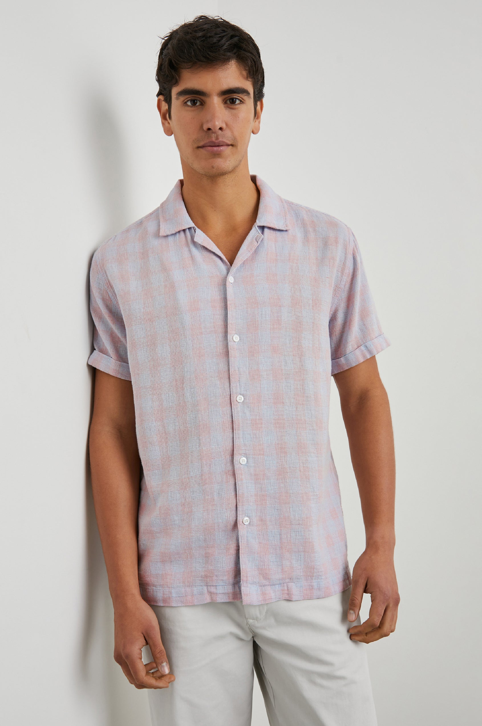 Dresden Short Sleeve Button Up with Rolled Cuffs in Home Spun Rouge Gingham Colorway, Rouge and Blue - Front View Featured on Model