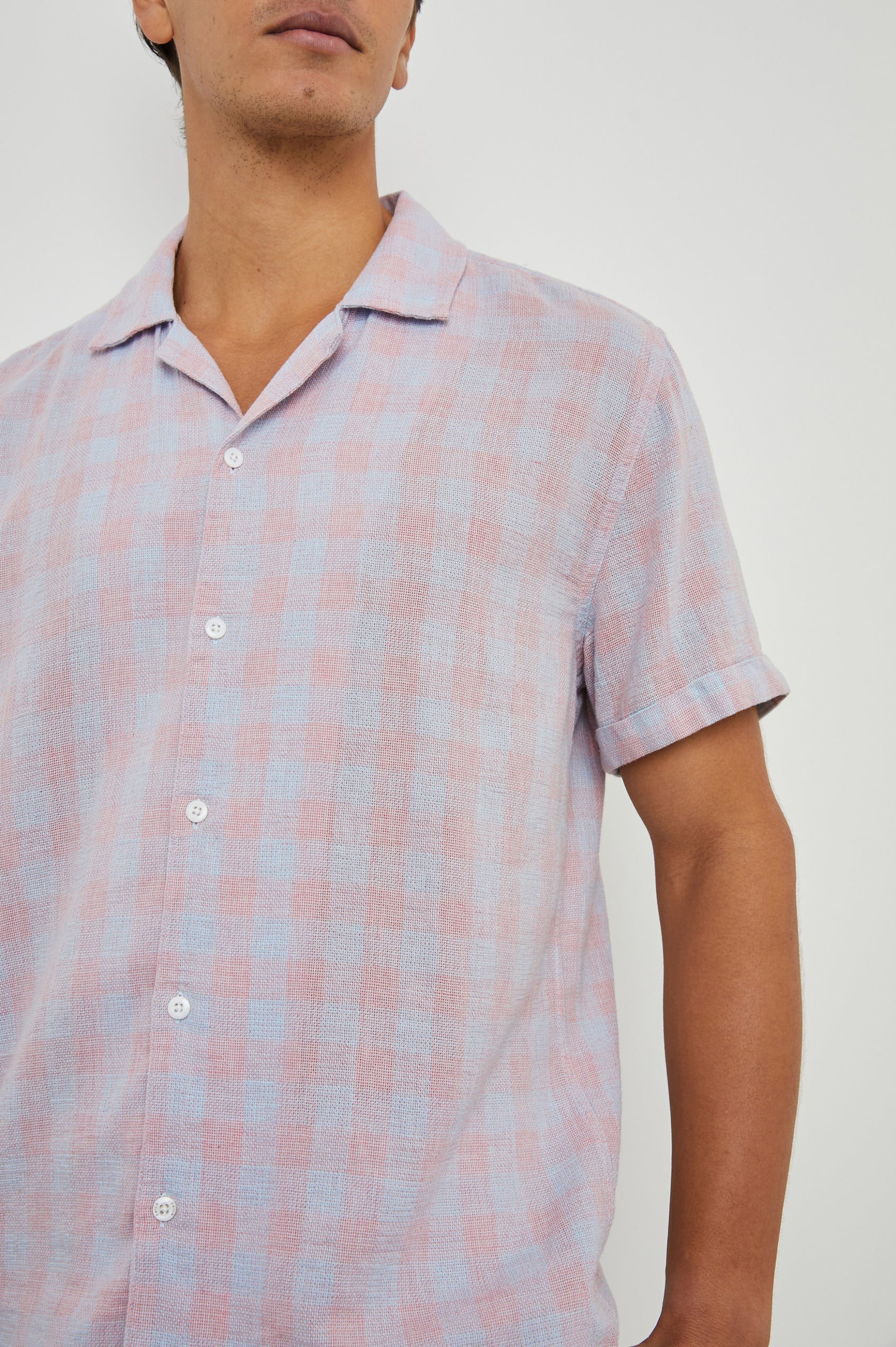 Dresden Short Sleeve Button Up with Rolled Cuffs in Home Spun Rouge Gingham Colorway, Rouge and Blue - Front View Featured on Model