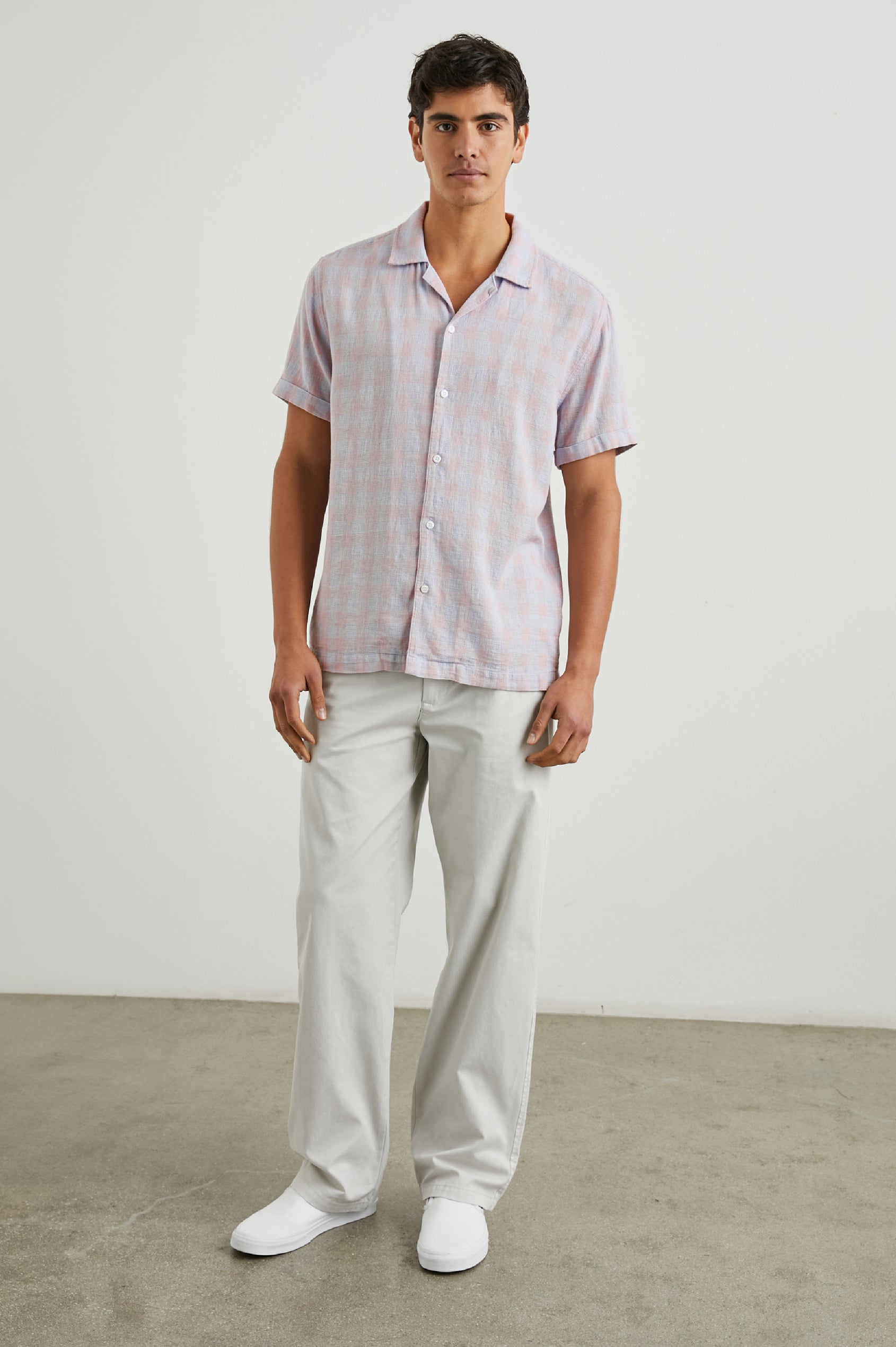 Dresden Short Sleeve Button Up with Rolled Cuffs in Home Spun Rouge Gingham Colorway, Rouge and Blue - Front Full Body View Featured on Model