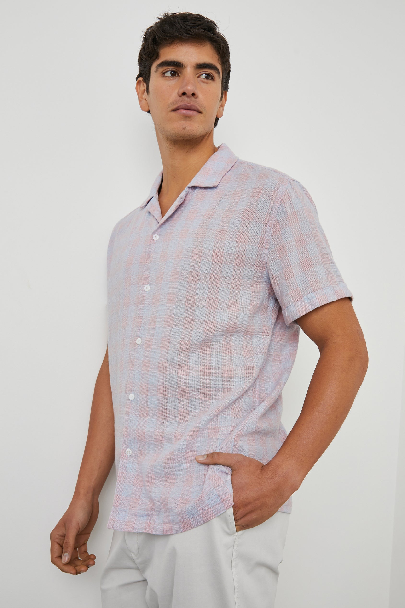 Dresden Short Sleeve Button Up with Rolled Cuffs in Home Spun Rouge Gingham Colorway, Rouge and Blue - Front View Featured on Model