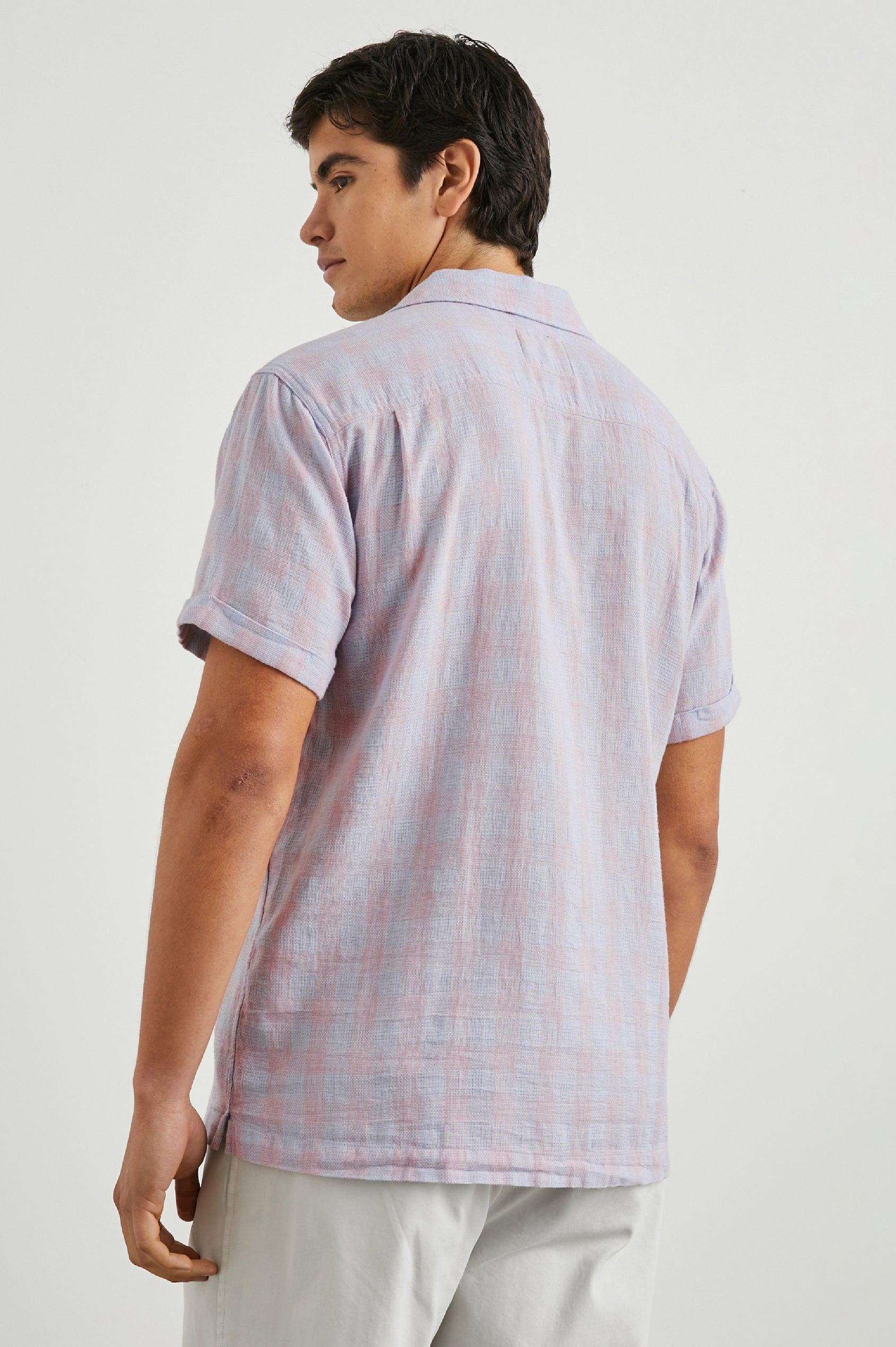 Dresden Short Sleeve Button Up with Rolled Cuffs in Home Spun Rouge Gingham Colorway, Rouge and Blue - Back View Featured on Model