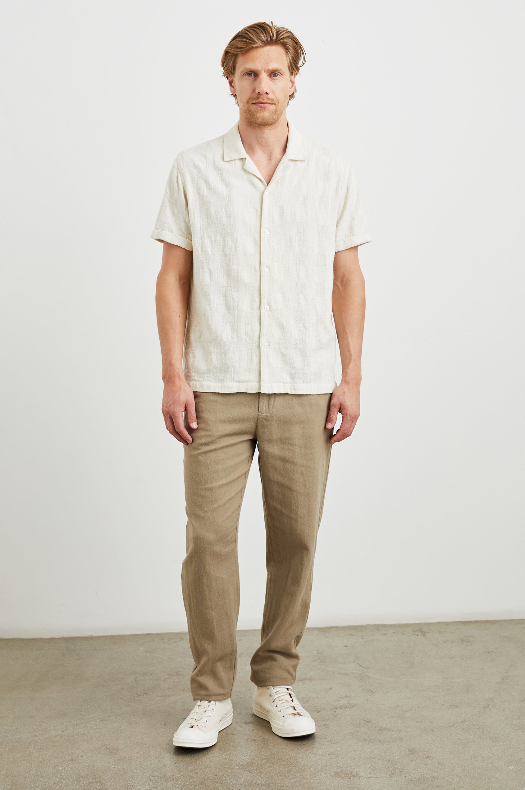 Dresden Short Sleeve Button Up with Rolled Cuffs in Parchment Colorway - Front Full Body View Featured on Model