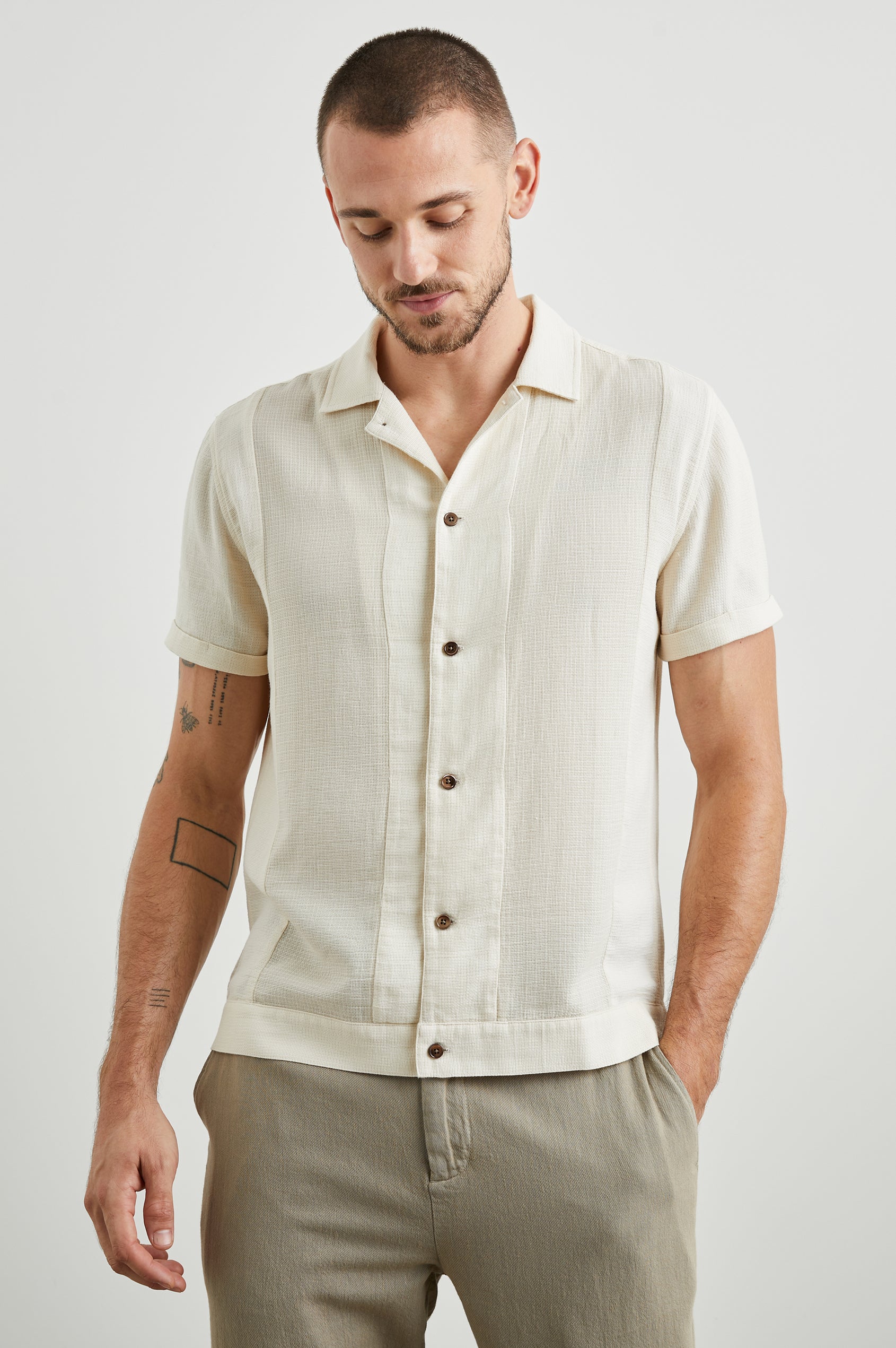 Duke Short Sleeve Button Up with Rolled Cuffs and in Parchment Wheat Colorway, Alternating Vertical Panels of Wheat and Parchment - Front View Featured on Model
