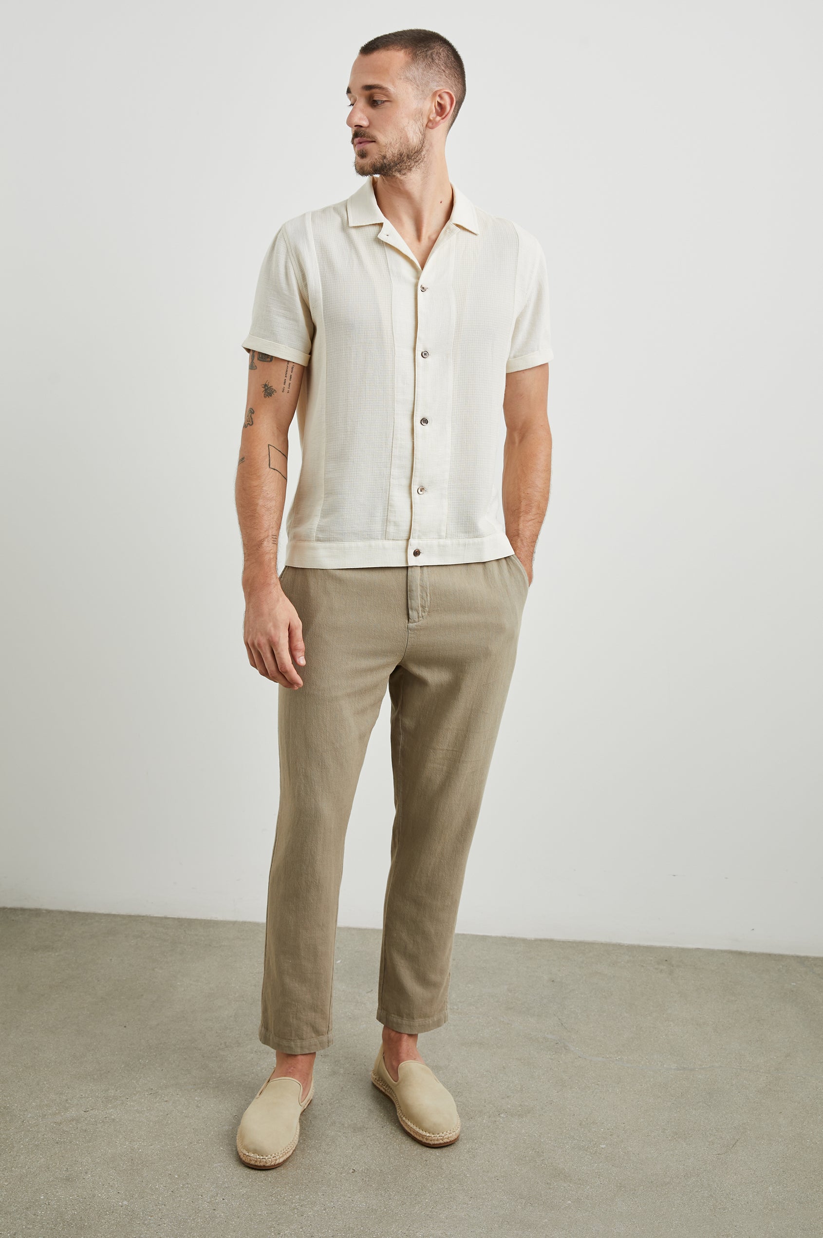 Duke Short Sleeve Button Up with Rolled Cuffs and in Parchment Wheat Colorway, Alternating Vertical Panels of Wheat and Parchment - Front Full Body View Featured on Model