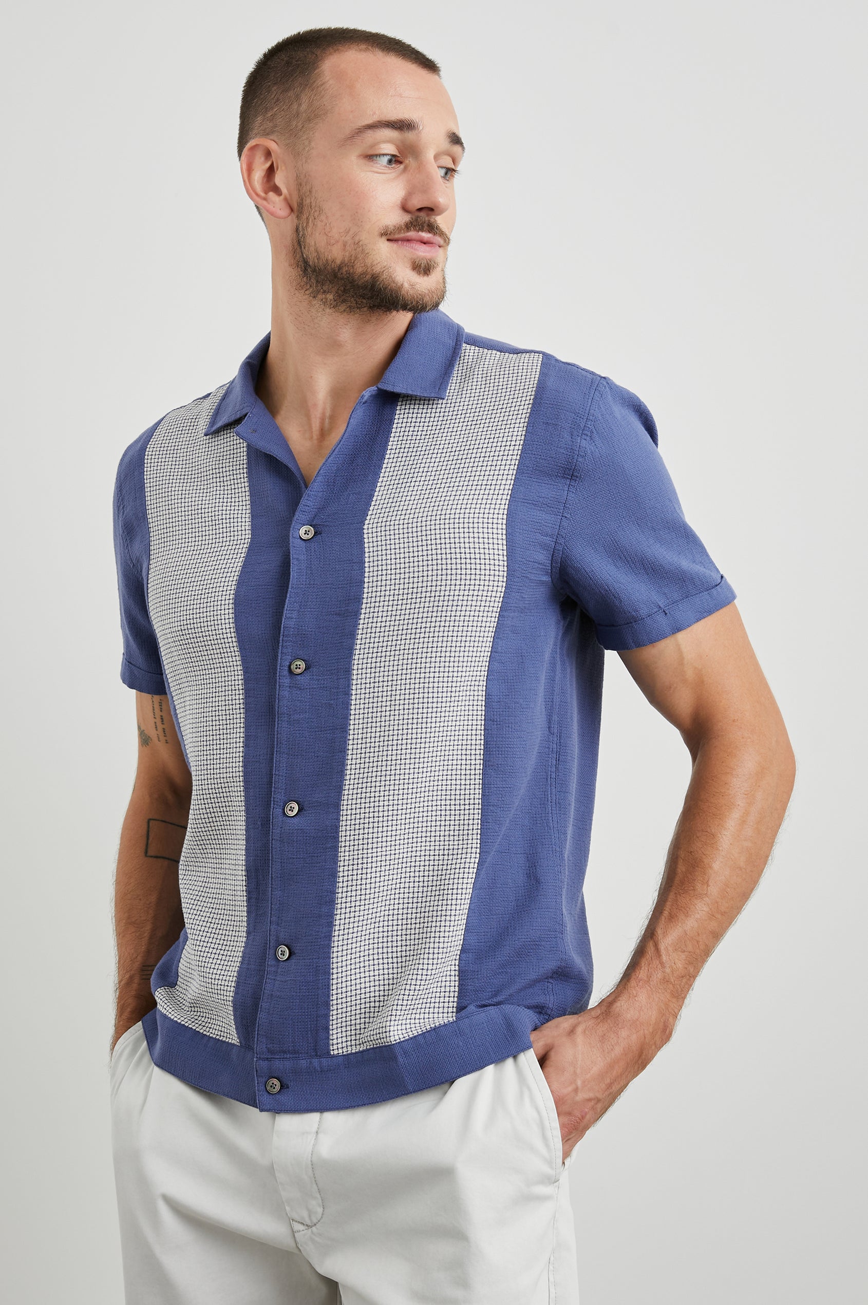 Duke Short Sleeve Button Up with Rolled Cuffs and in Royal Parchment Colorway, Alternating Vertical Panels of Blue and Parchment - Front View Featured on Model