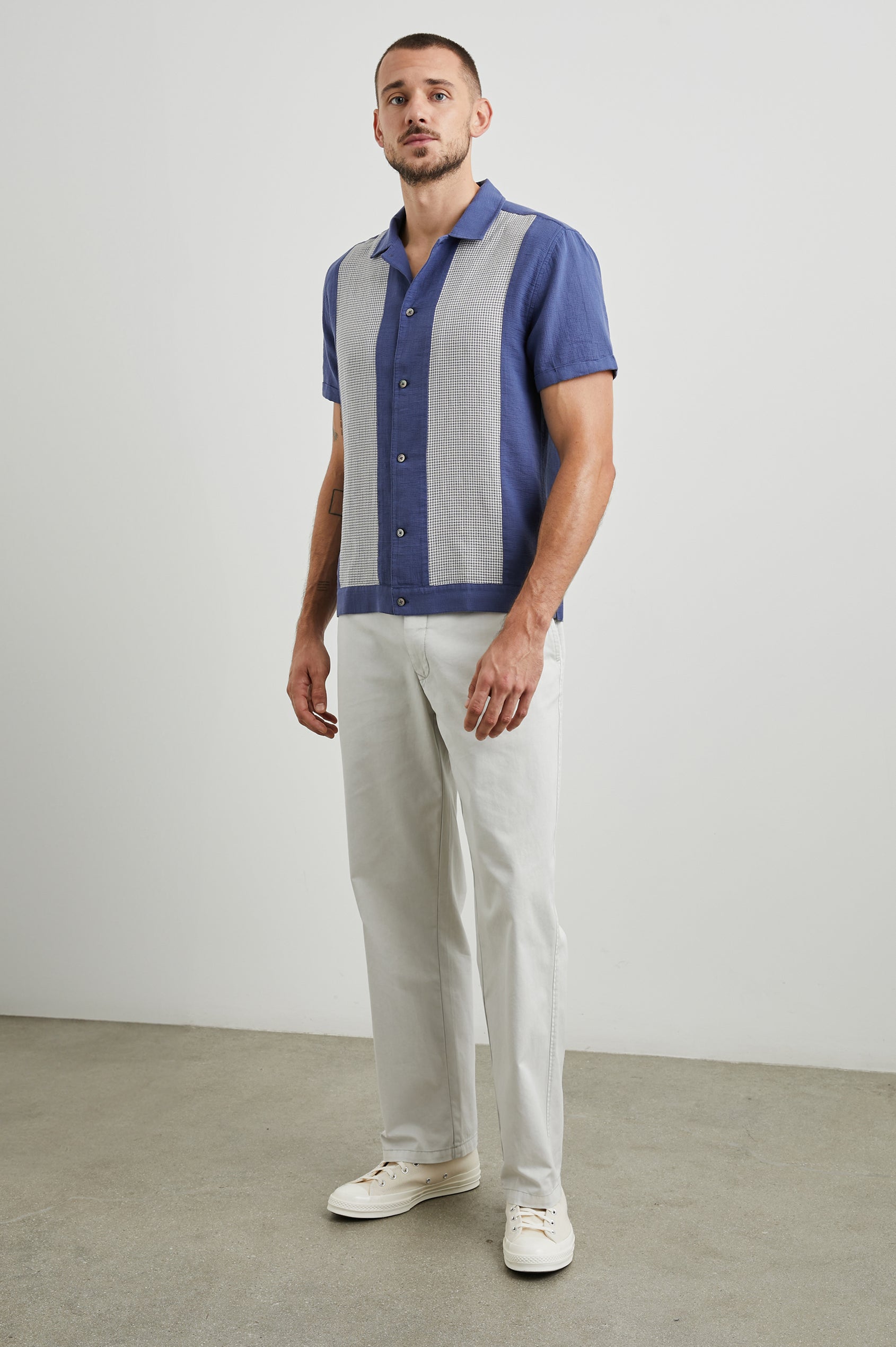 Duke Short Sleeve Button Up with Rolled Cuffs and in Royal Parchment Colorway, Alternating Vertical Panels of Blue and Parchment - Front Full Body View Featured on Model