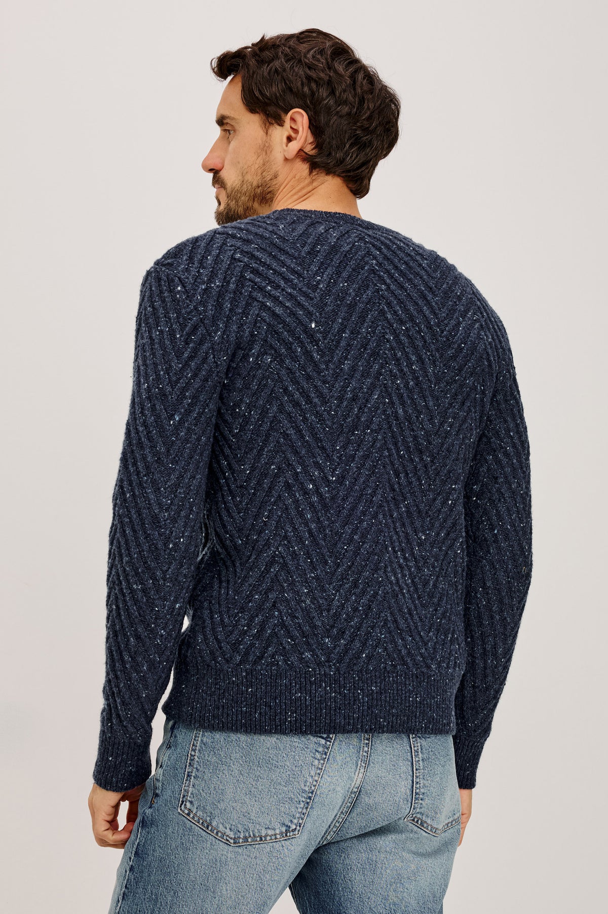 Dumont Sweater in Alpaca-Wool Blend With Crewneck, Oversized Chevron Stitch, Classic Fit, and Long Sleeves in Maritime Nep Colorway - Upper Body Back View Featured on Model.