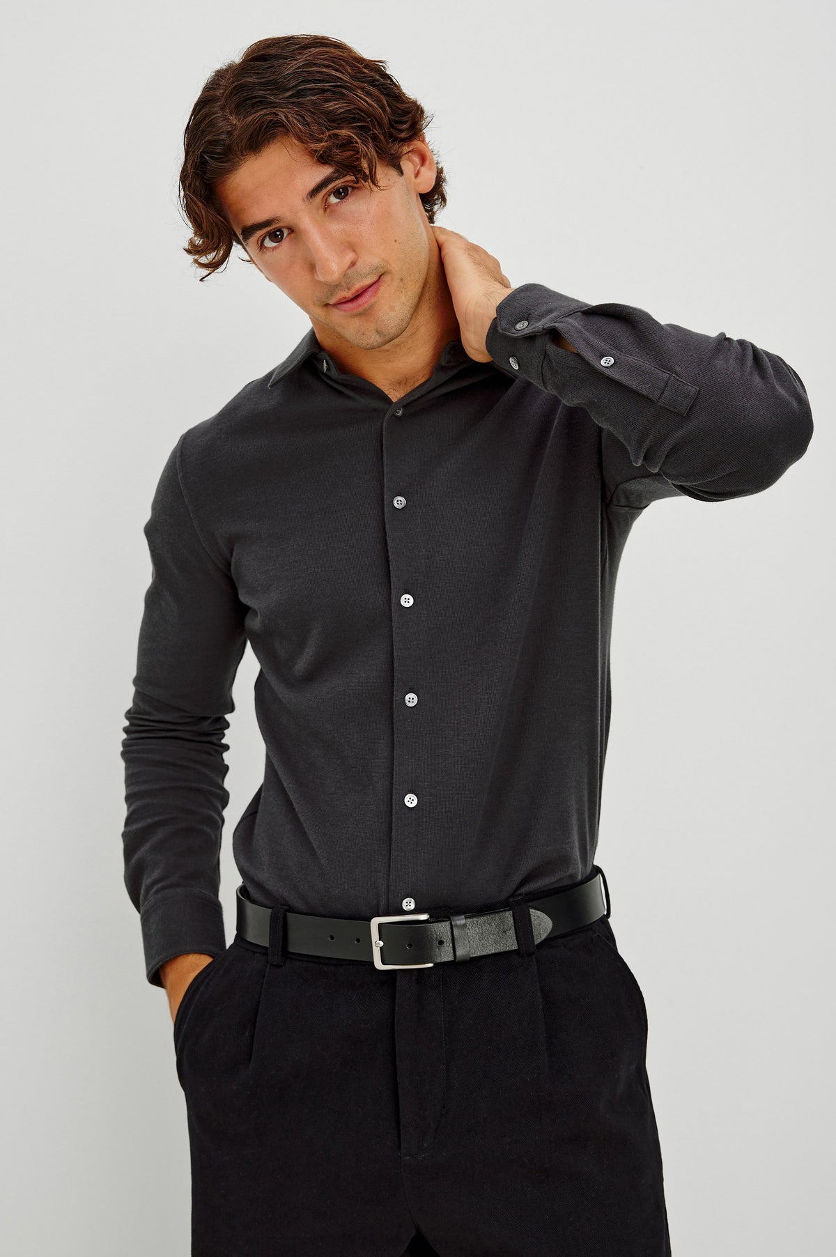 Dunn Shirt in Pique Knit With Front Buttons, Slim Fit, Collar, and Long Sleeves in Shadow Colorway - Upper Body Front View Featured on Model.