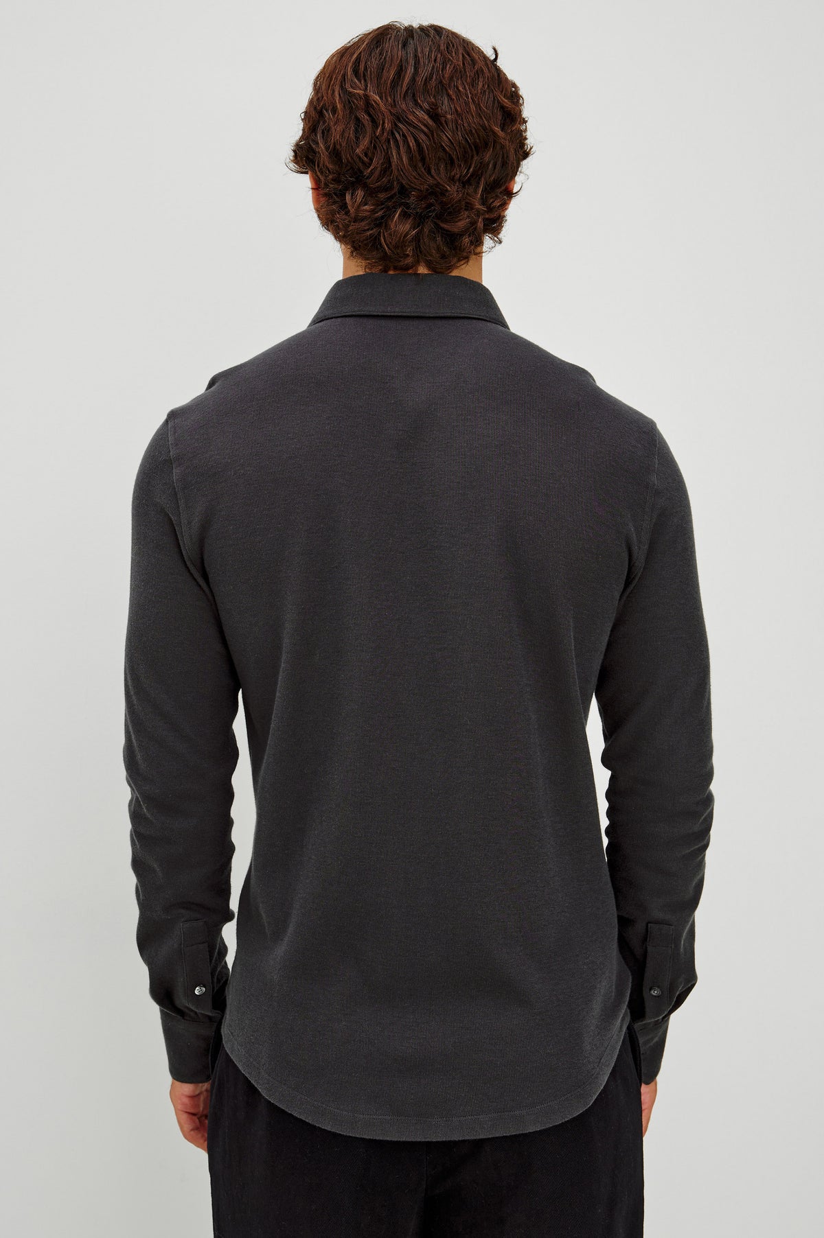 Dunn Shirt in Pique Knit With Front Buttons, Slim Fit, Collar, and Long Sleeves in Shadow Colorway - Upper Body Back View Featured on Model.