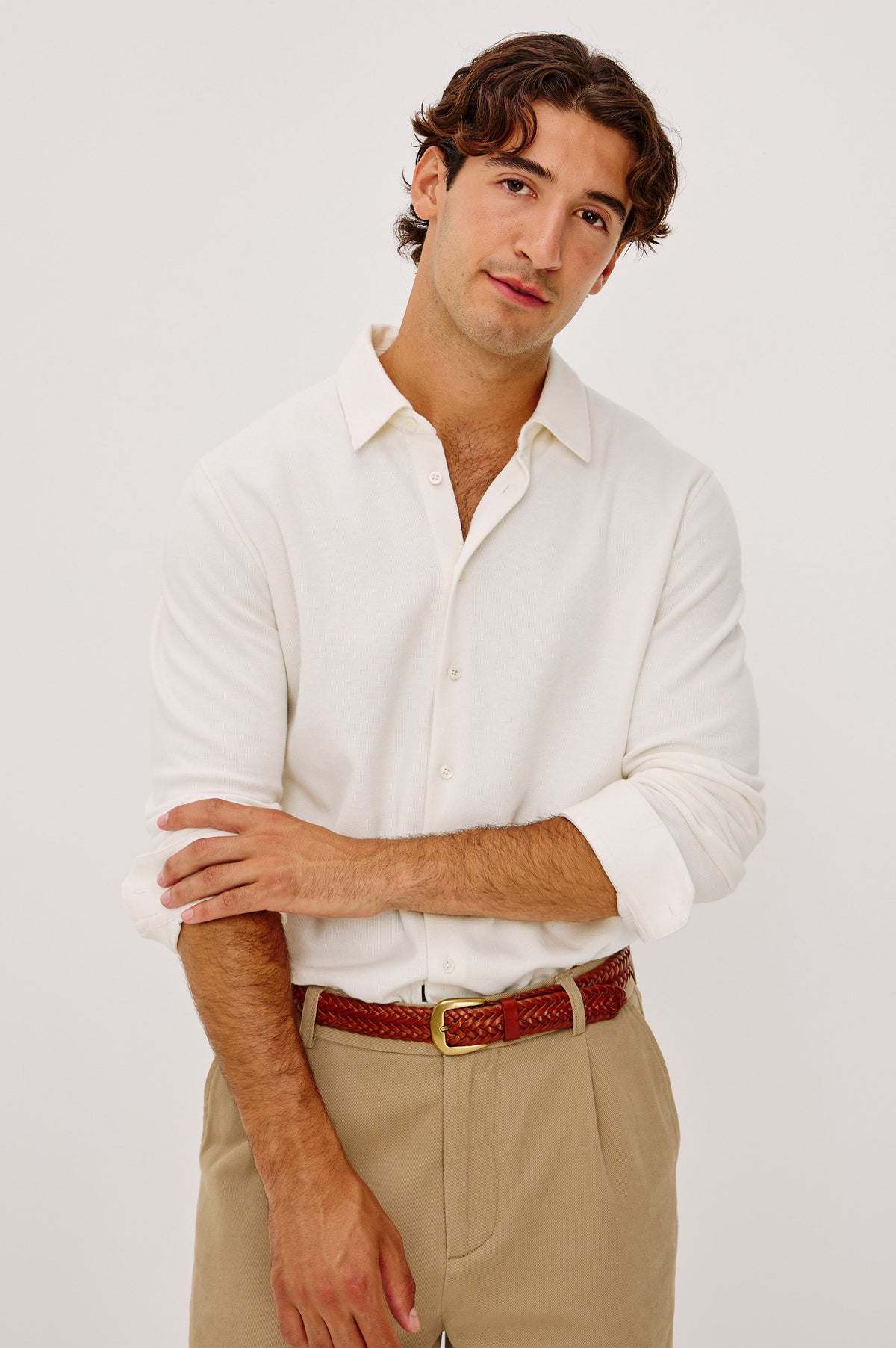 Dunn Shirt in Pique Knit With Front Buttons, Slim Fit, Collar, and Long Sleeves in White Colorway - Upper Body Front View Featured on Model.