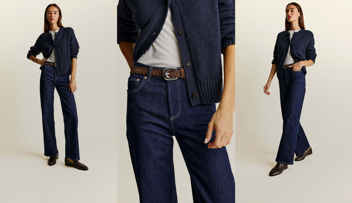 A three-panel collage showing a woman modeling a dark navy cardigan, dark navy wide-leg jeans, a white top, and a brown belt against a plain light beige studio background.