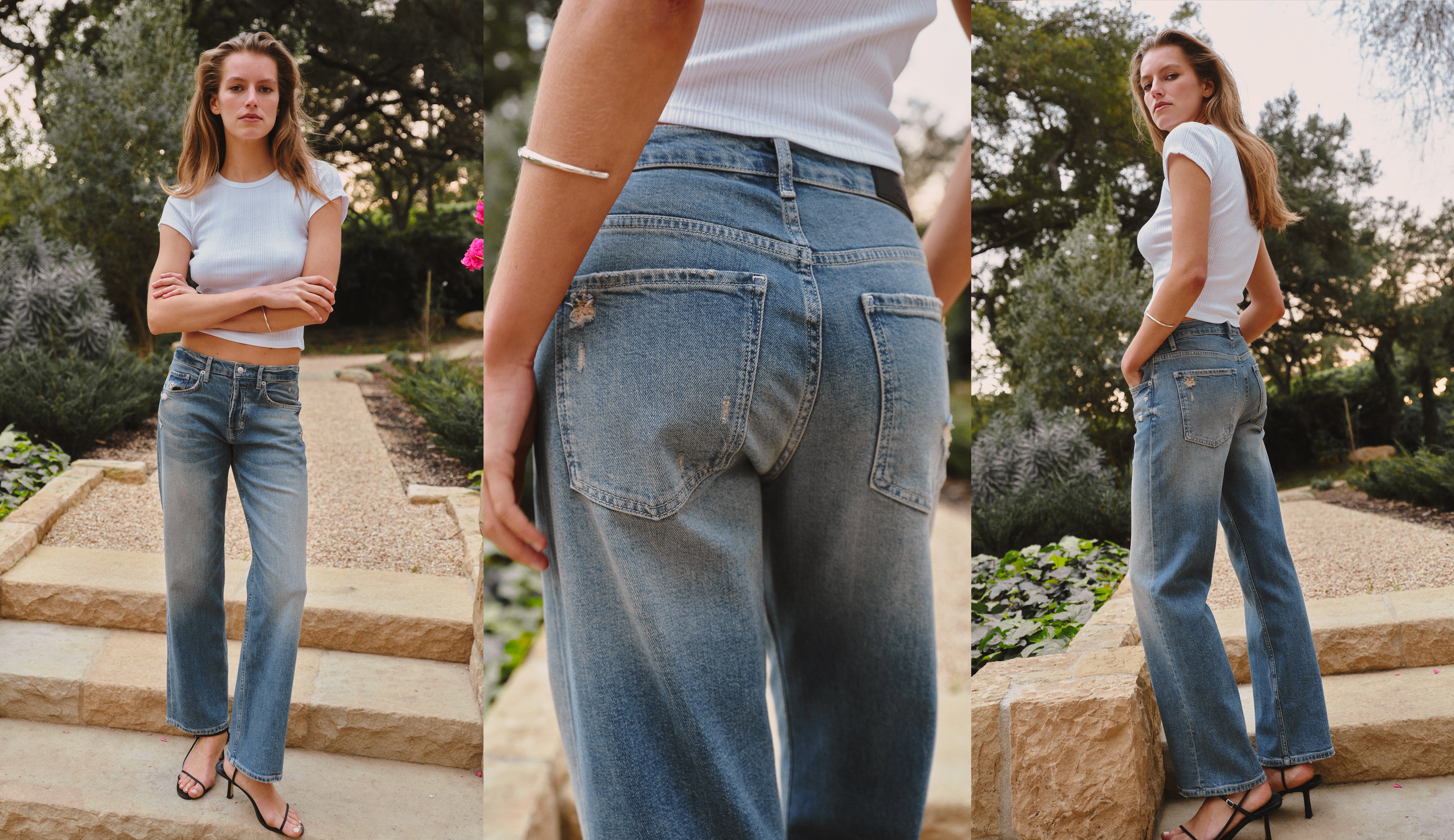 Woman wearing blue jeans in an outdoor setting with multiple angles shown.