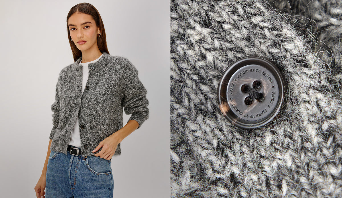 A woman wearing a gray textured knit cardigan over a white top and blue jeans, shown beside a close-up detail of the cardigan's button and knit texture.