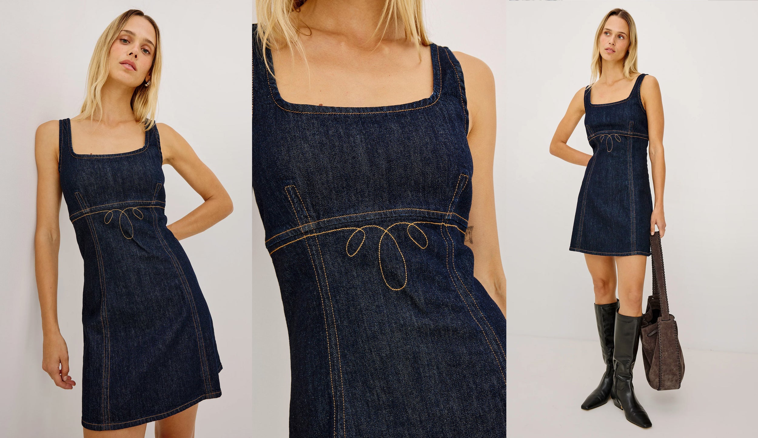 A dark blue denim mini dress with a square neckline, thick shoulder straps, and decorative contrast stitching, shown in a three-panel collage with full-body and close-up views on a model.