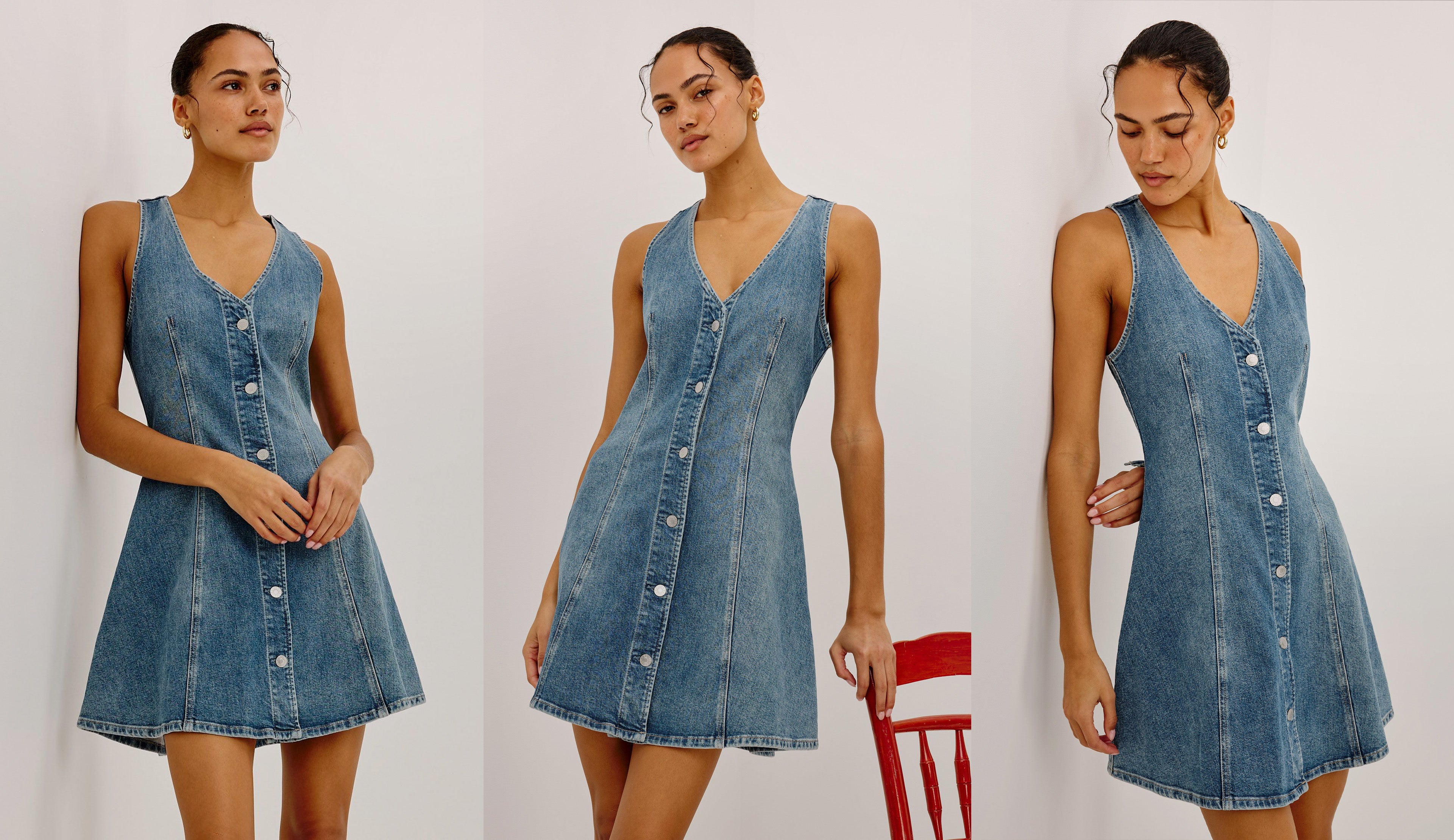 Woman wearing a denim dress in three different poses against a white background