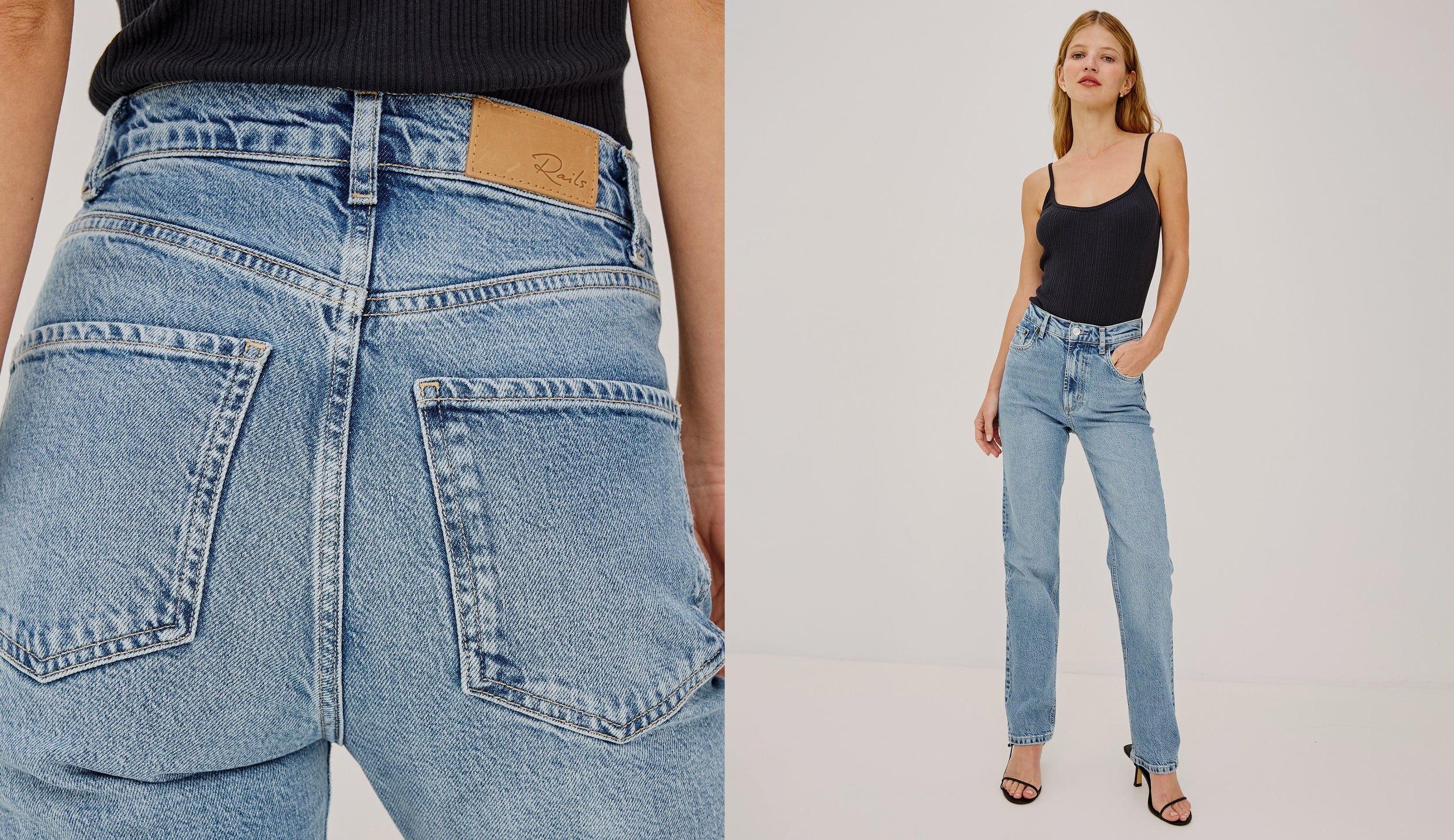 Two images of blue jeans; one close-up of a pocket, the other of a person wearing jeans.