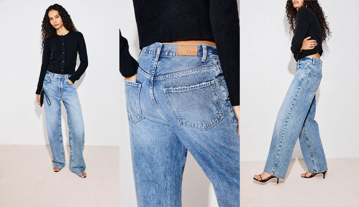 Three-panel collage showing a model wearing light-wash wide-leg blue jeans with a black long-sleeve top. The left panel shows a full-body front view, the center panel shows a close-up back view of the jeans, and the right panel shows a side/back view.