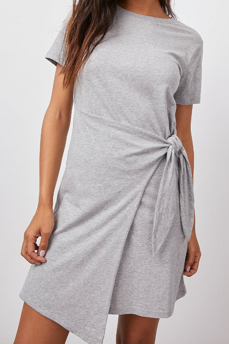 Edie Above-Knee Dress with Short Sleeves, Crew Neckline and Adjustable Wrap Tie At Waist in Heather Grey Colorway - Front View Featured on Model