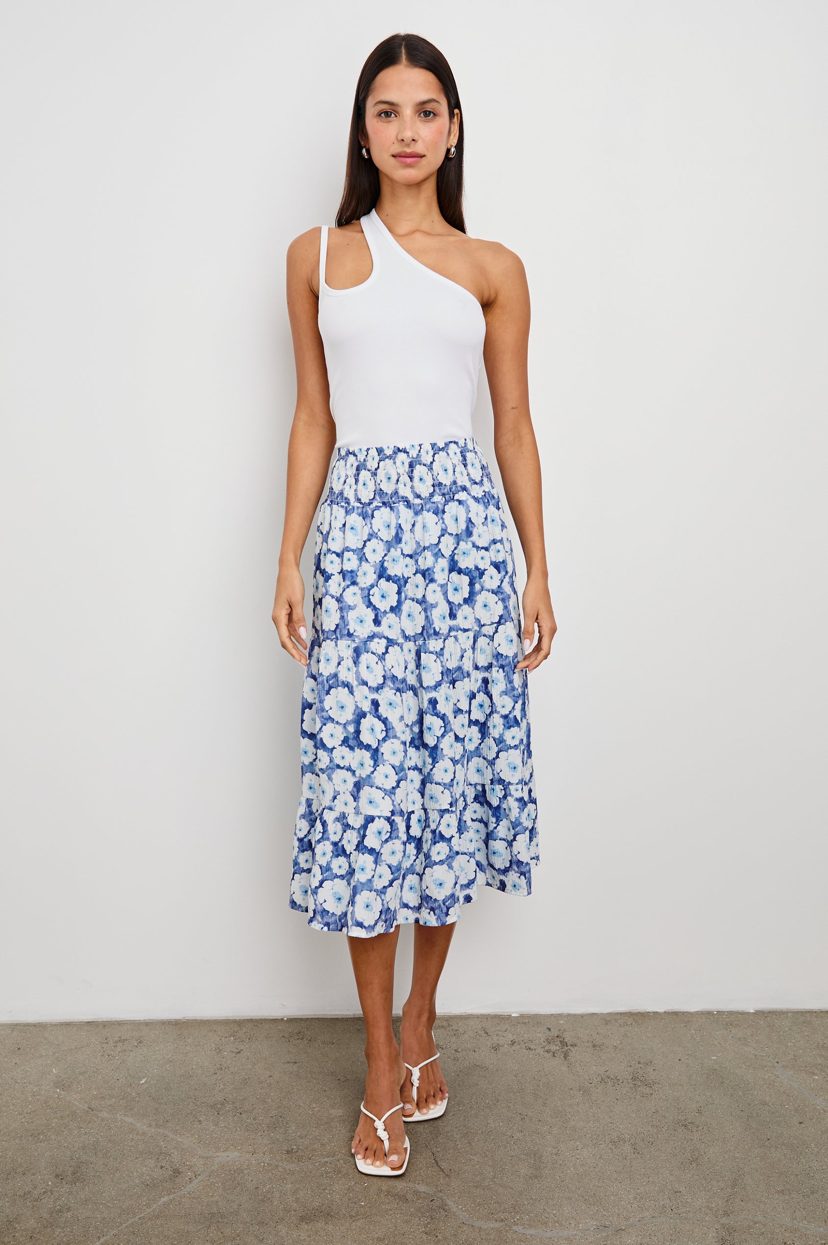 Women's Floral Midi Skirt - High Waist A-Line, Navy Blue With Pink Flowers, Elastic Waistband, Semi-Sheer Overlay