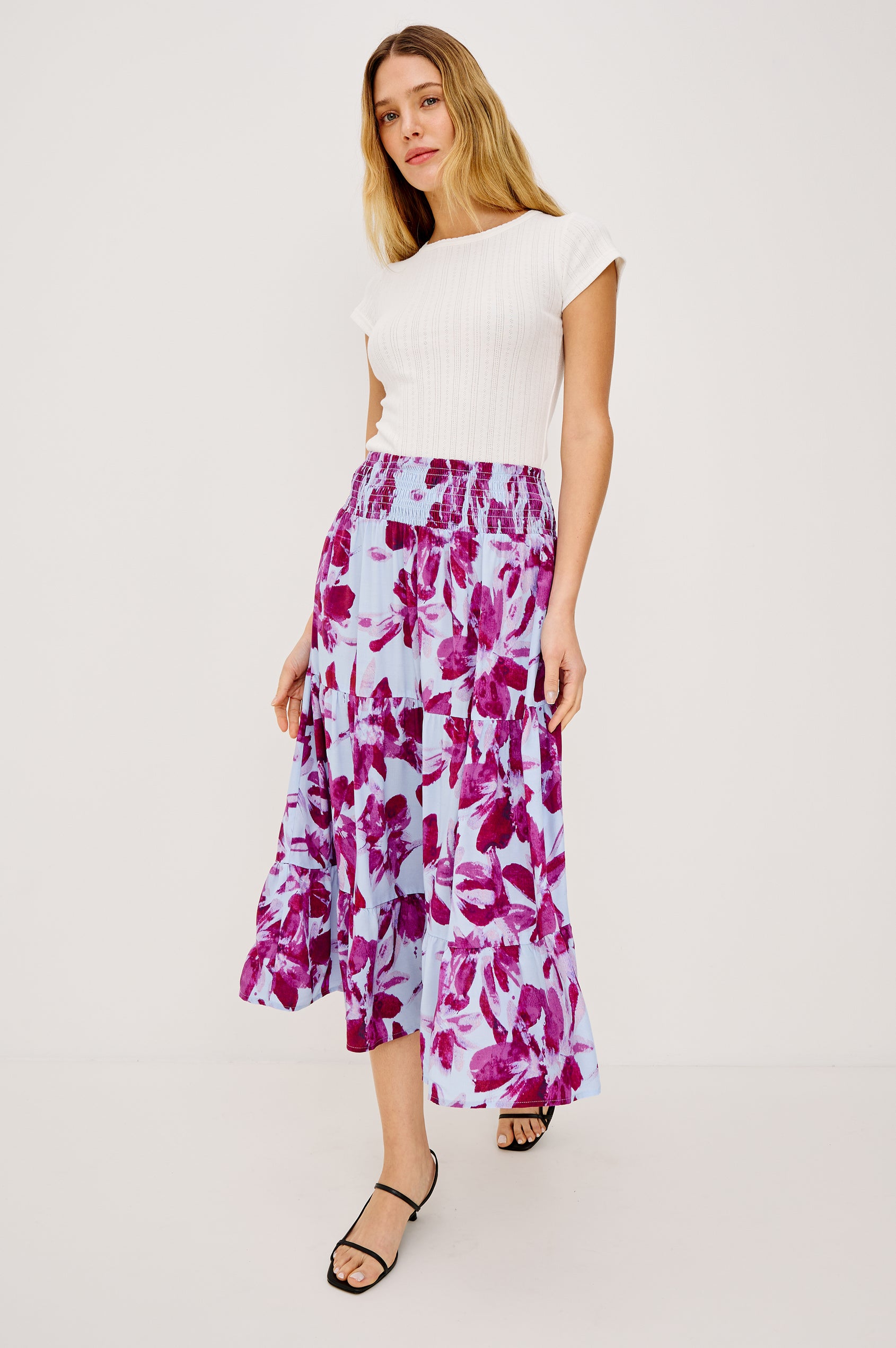 Edina Tiered Midi Skirt with Shirred High-Rise Waistline in Blue Lily Colorway, Blues and White - Front View Featured on Model