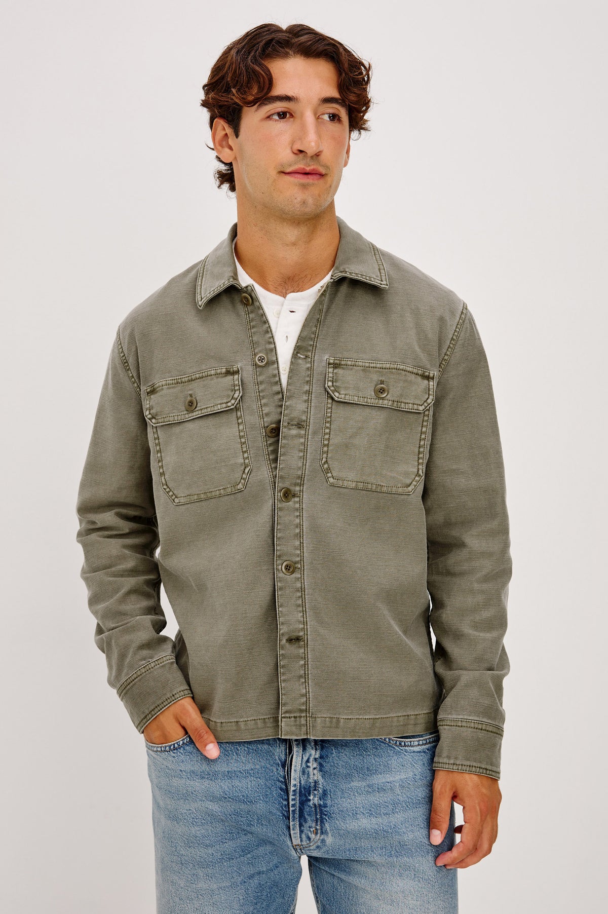 Eliot Jacket in Cotton Twill With Front Button Placket, Chest Flap Pockets, Point Collar, and Long Sleeves in Terra Colorway - Upper Body Front View Featured on Model.