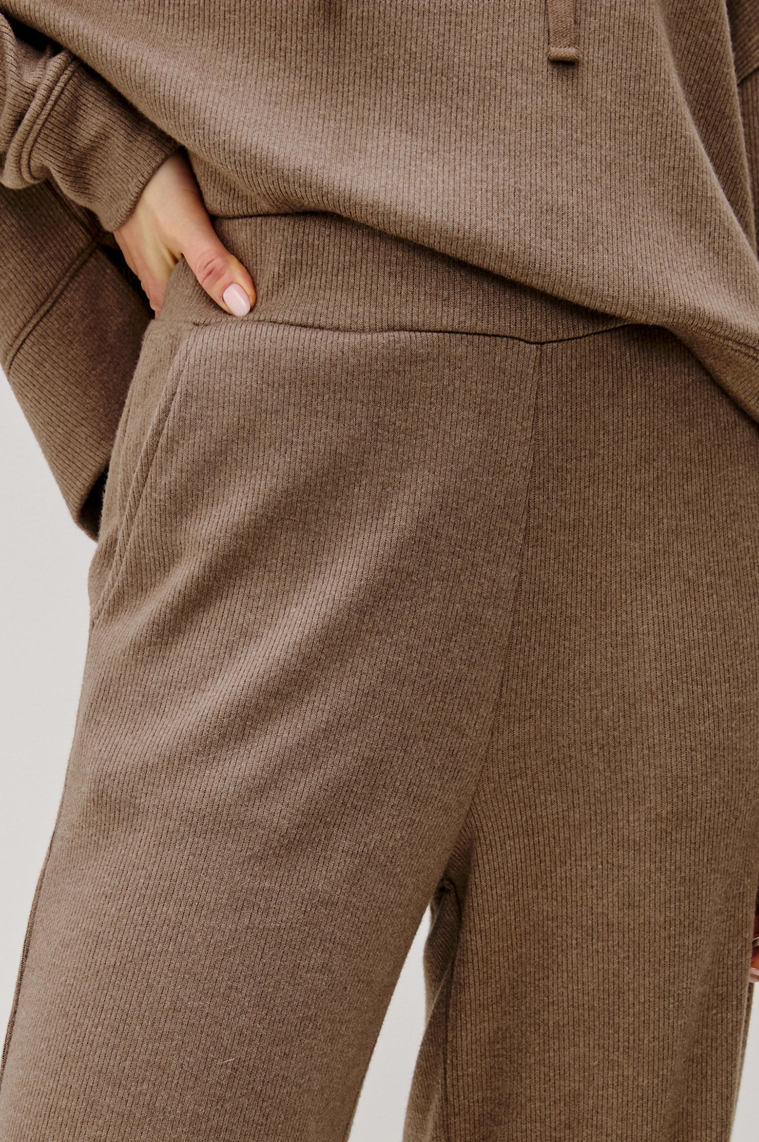 Ellery is a wide-leg pant in brushed rib lounge fabric, with an elastic waist in Heather Latte colorway. Close up view featured on model.