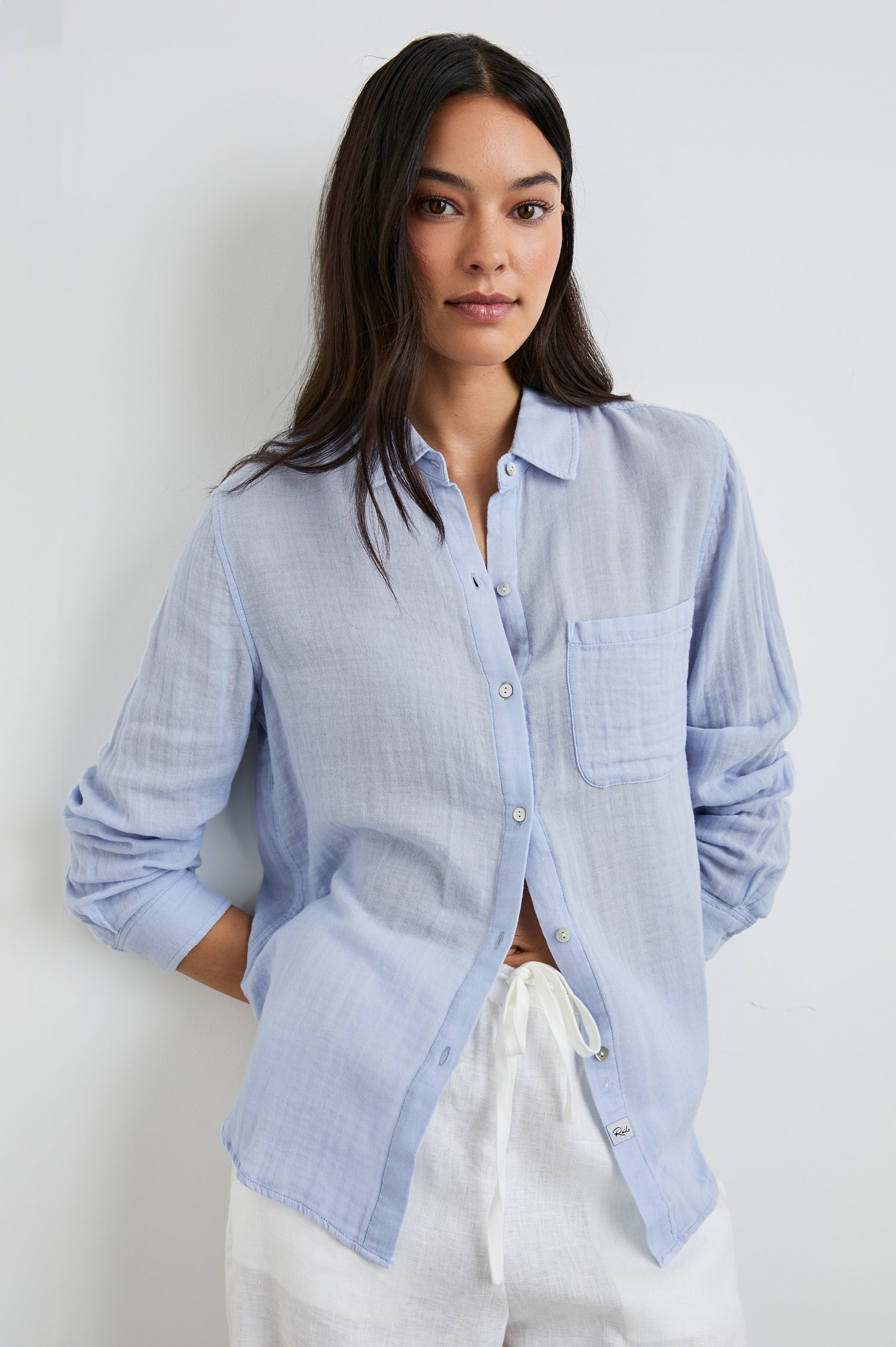 Ellis Long-Sleeve Button Down with Cuffs and a Patch Chest Pocket in Bluebell Colorway - Front Untucked View Featured on Model