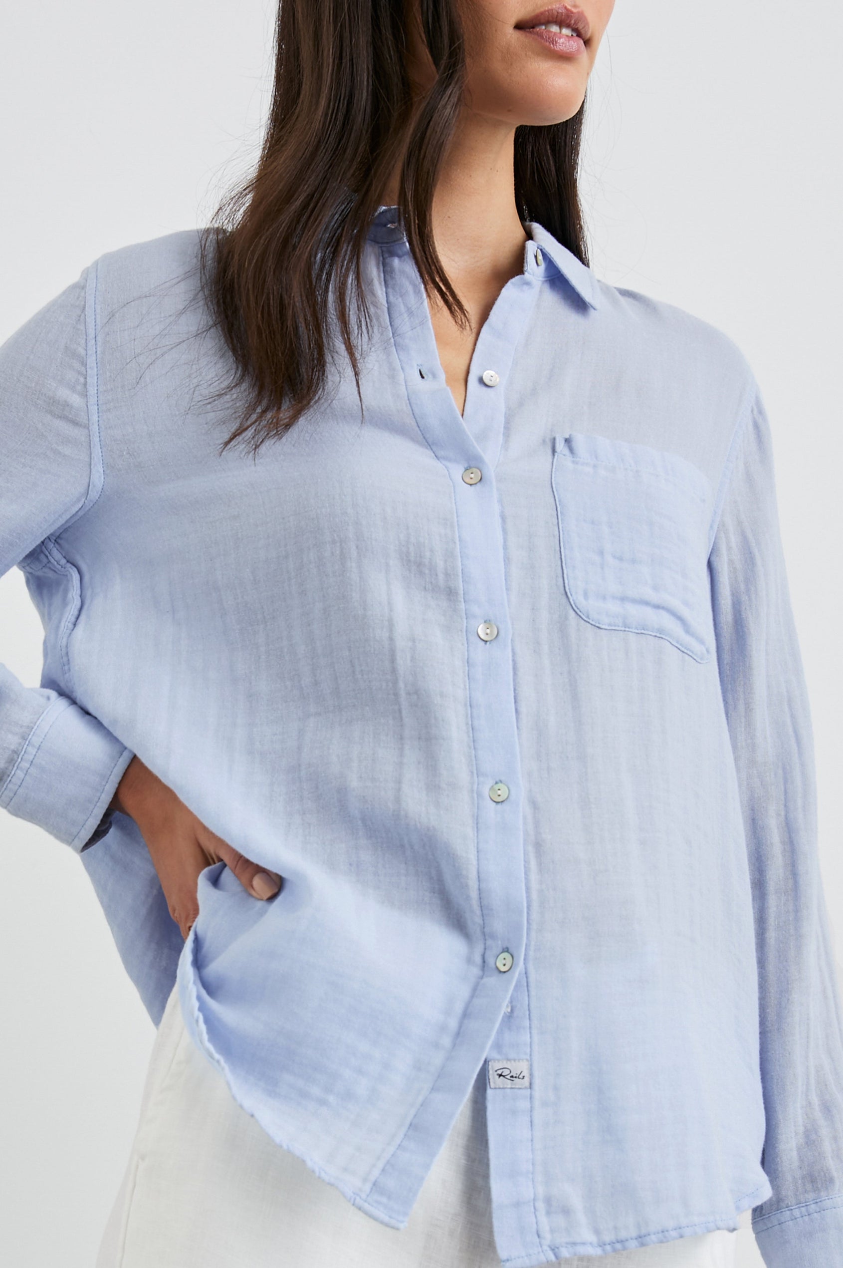 Ellis Long-Sleeve Button Down with Cuffs and a Patch Chest Pocket in Bluebell Colorway - Front Untucked View Featured on Model