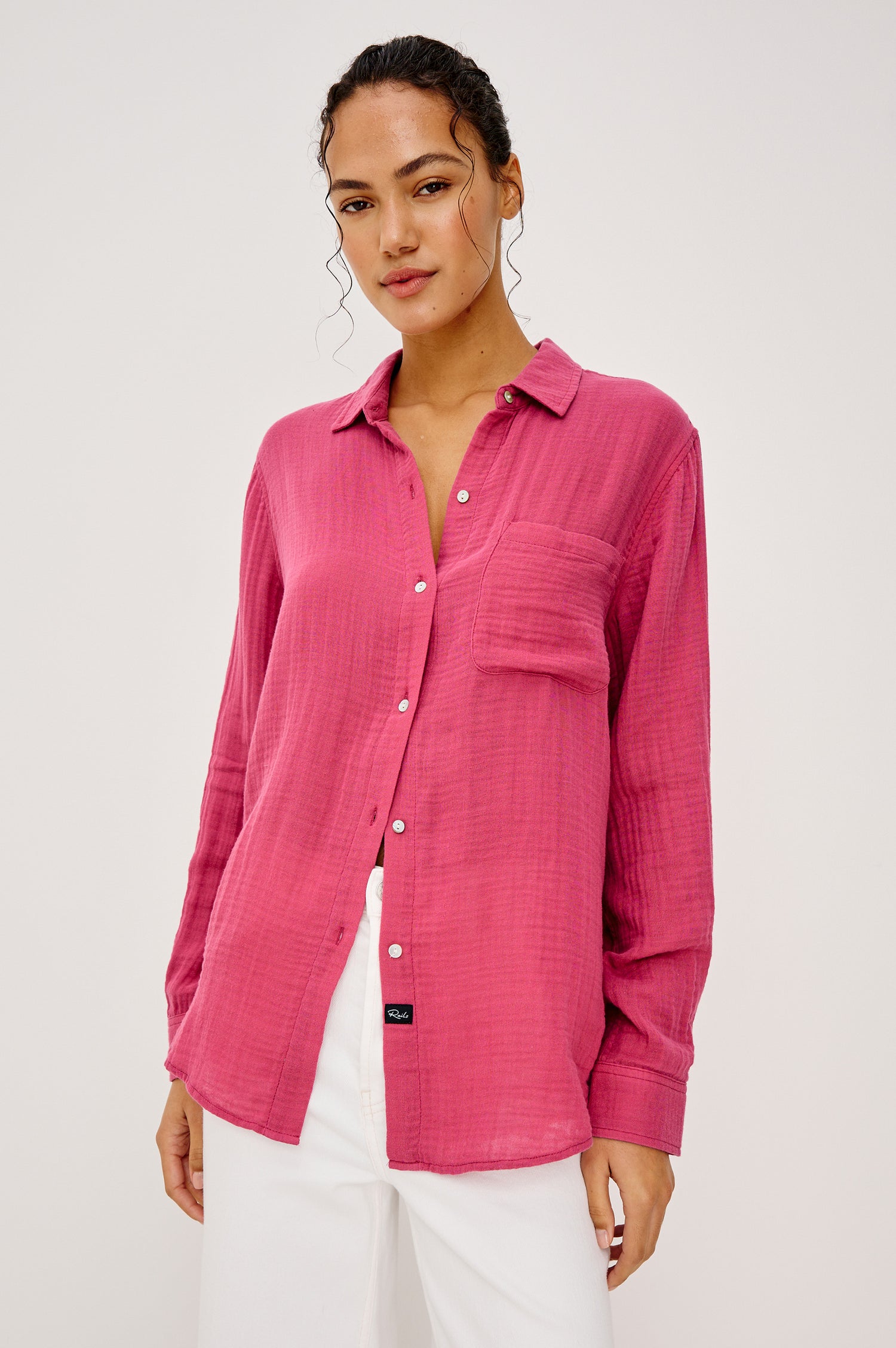 Ellis Button-Up Shirt in Organic Cotton Gauze With Relaxed Fit Chest Patch Pocket and Long Sleeves in Dark Rose Colorway - Upper Body Front View Featured on Model