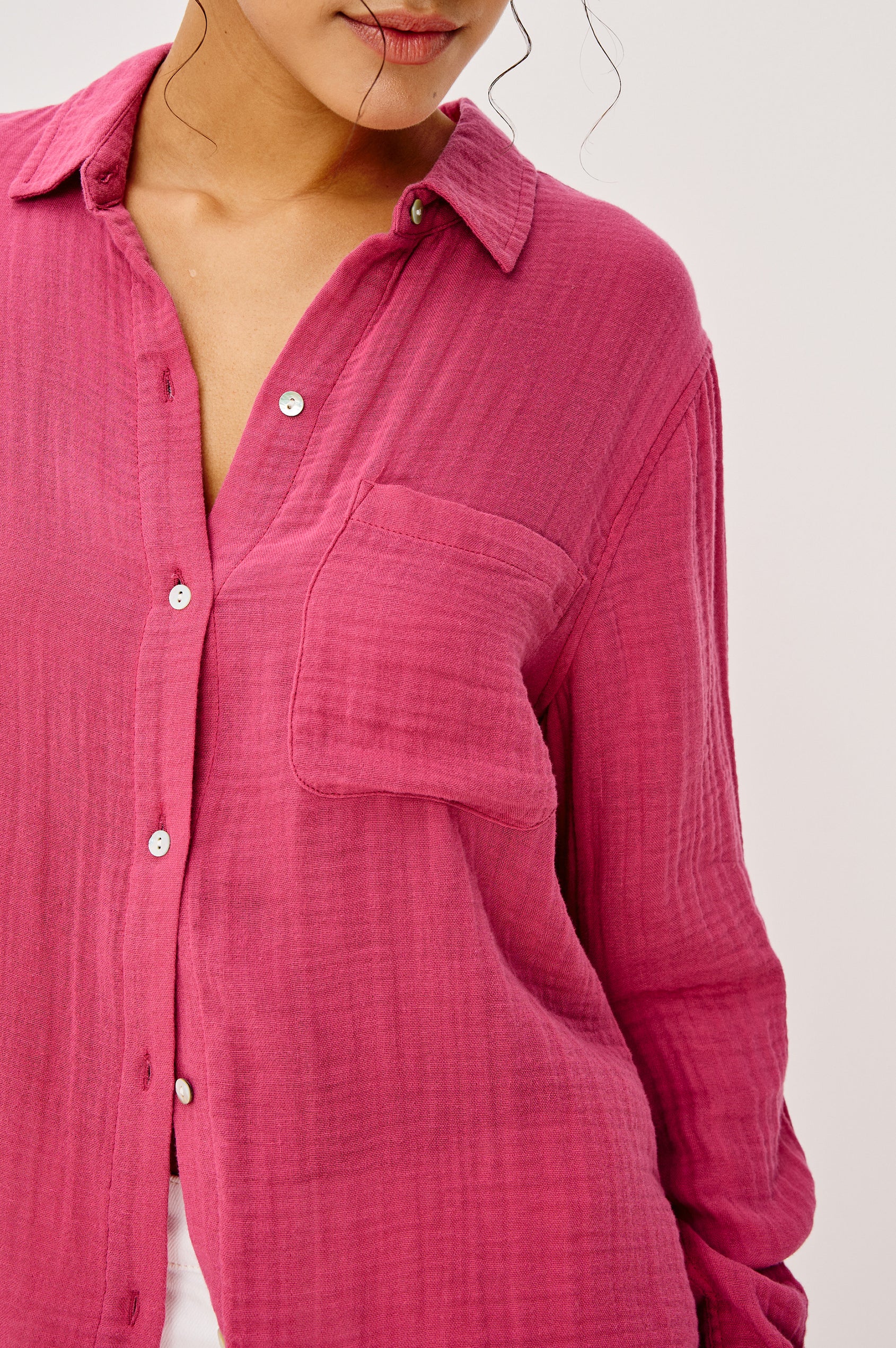Ellis Button-Up Shirt in Organic Cotton Gauze With Relaxed Fit Chest Patch Pocket and Long Sleeves in Dark Rose Colorway - Upper Body Close Up View Featured on Model