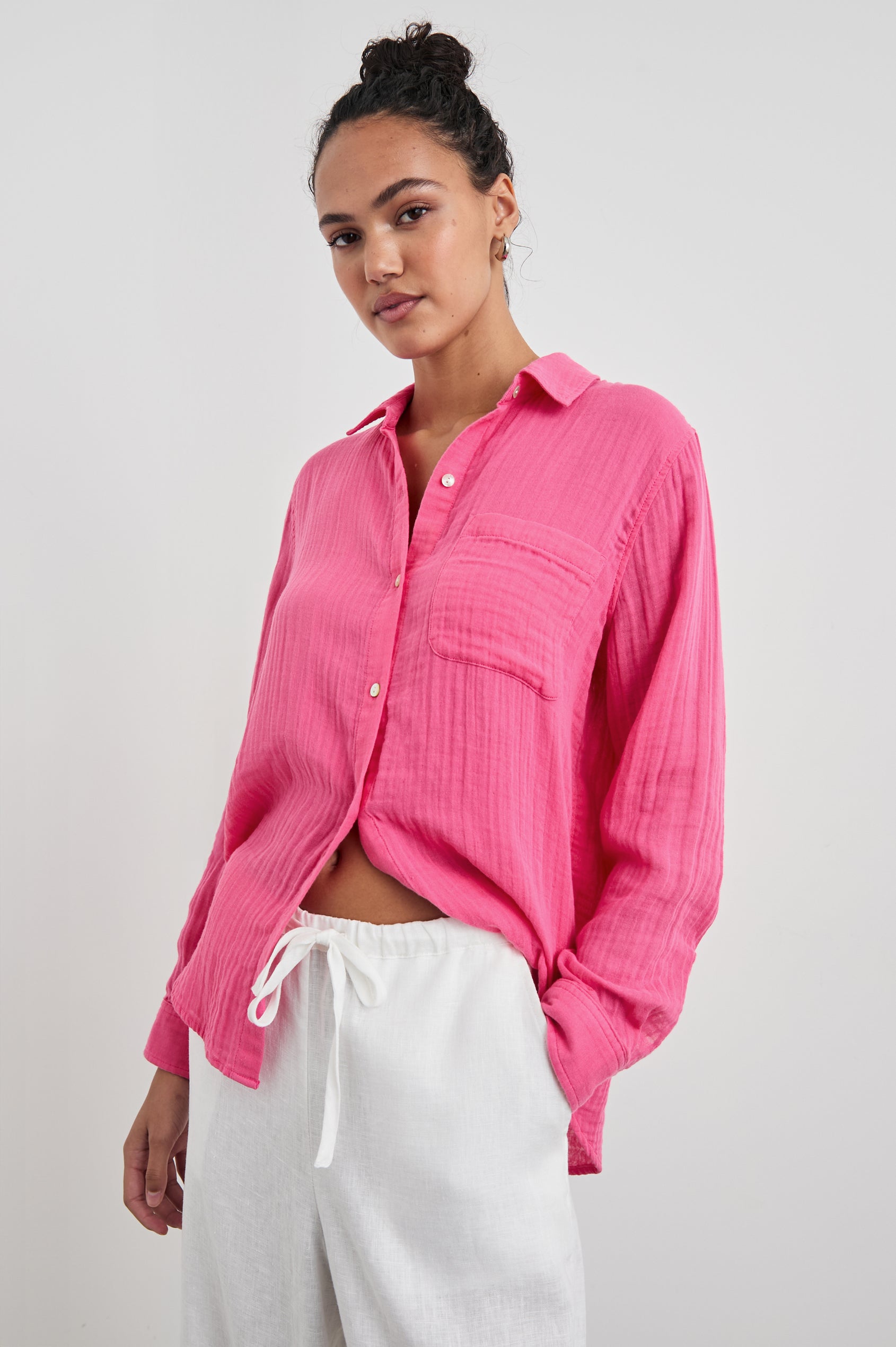 Ellis Long-Sleeve Button Down with Cuffs and a Patch Chest Pocket in Hibiscus Colorway - Front tucked View Featured on Model