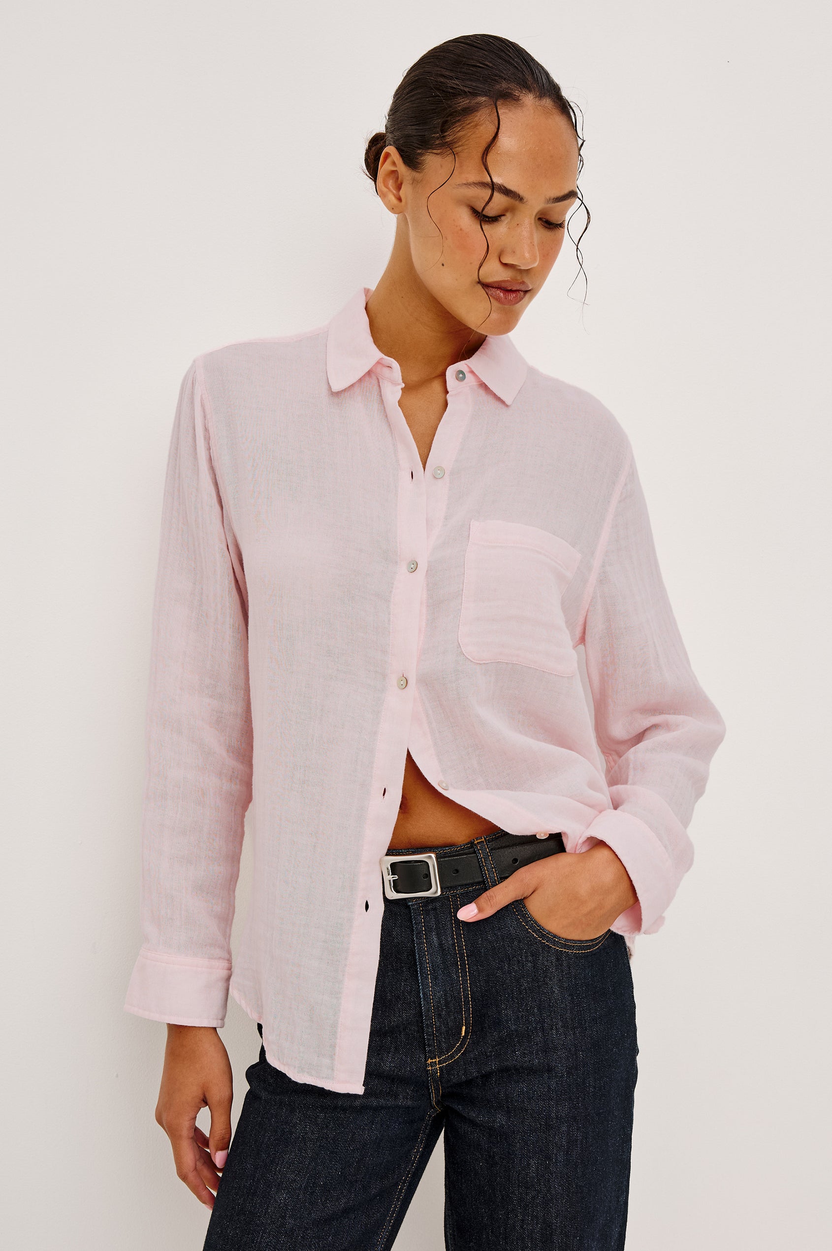 Ellis Long-Sleeve Button Down with Cuffs and a Patch Chest Pocket in Petal Colorway - Front Untucked View Featured on Model