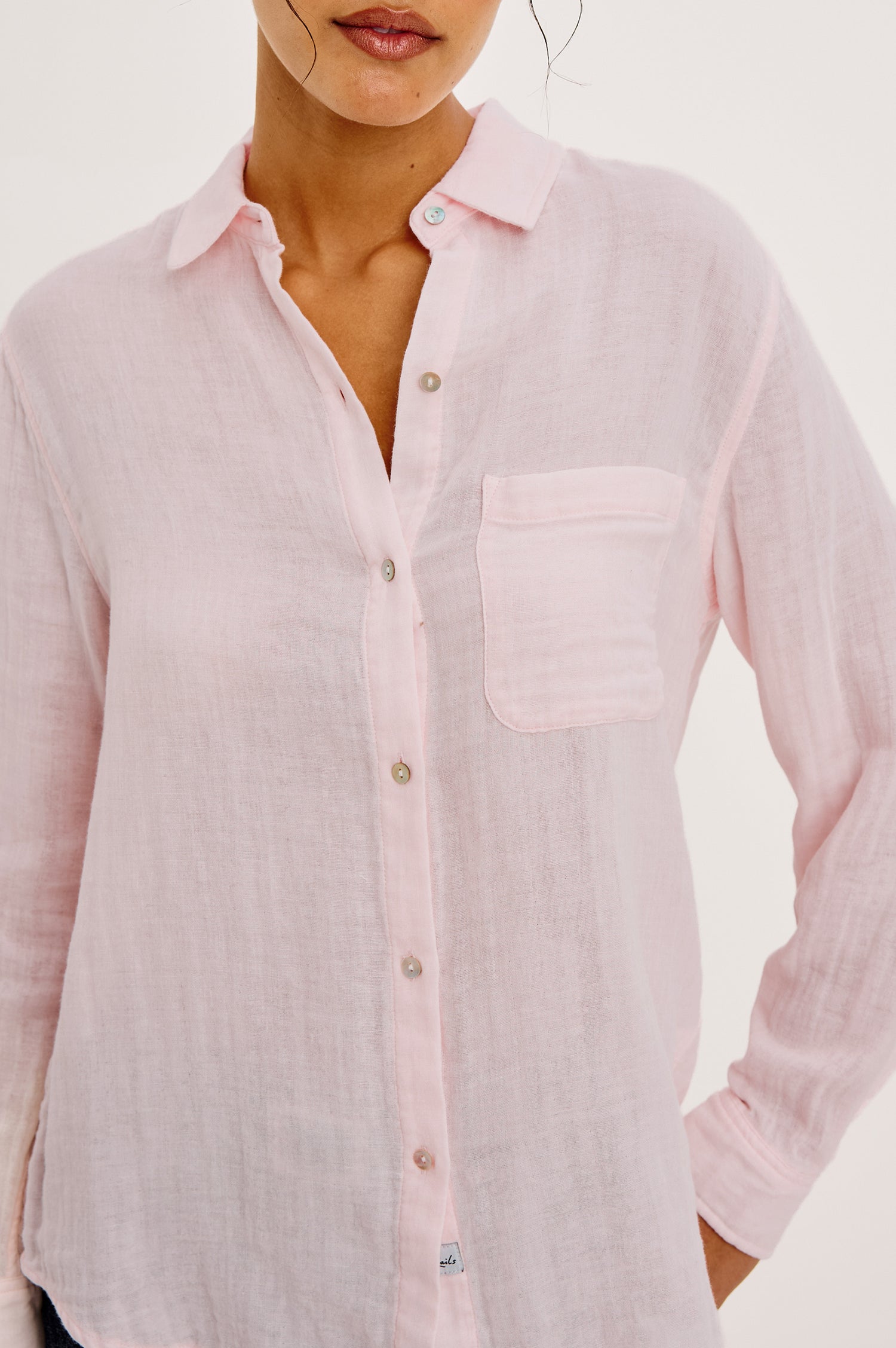Ellis Long-Sleeve Button Down with Cuffs and a Patch Chest Pocket in Petal Colorway - Front Close Up View Featured on Model
