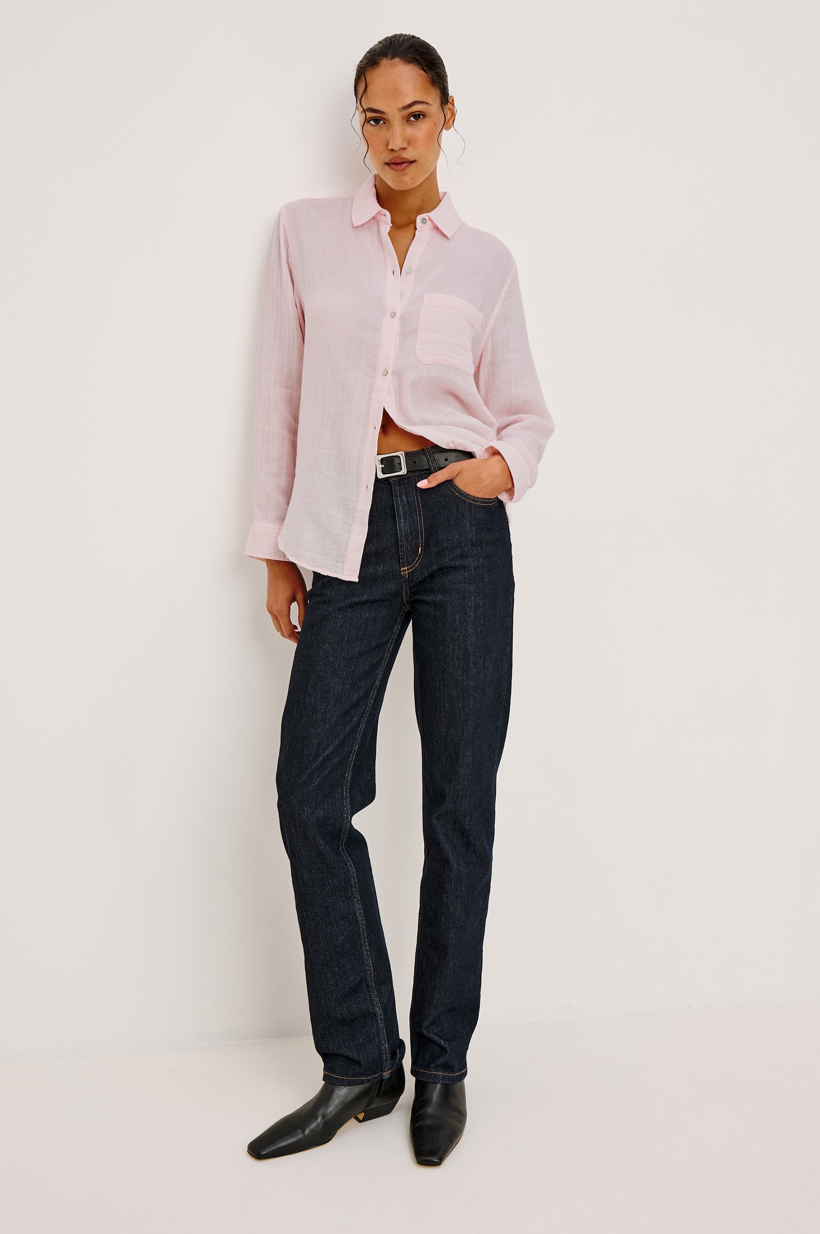 Ellis Long-Sleeve Button Down with Cuffs and a Patch Chest Pocket in Petal Colorway - Full Body Front Untucked View Featured on Model