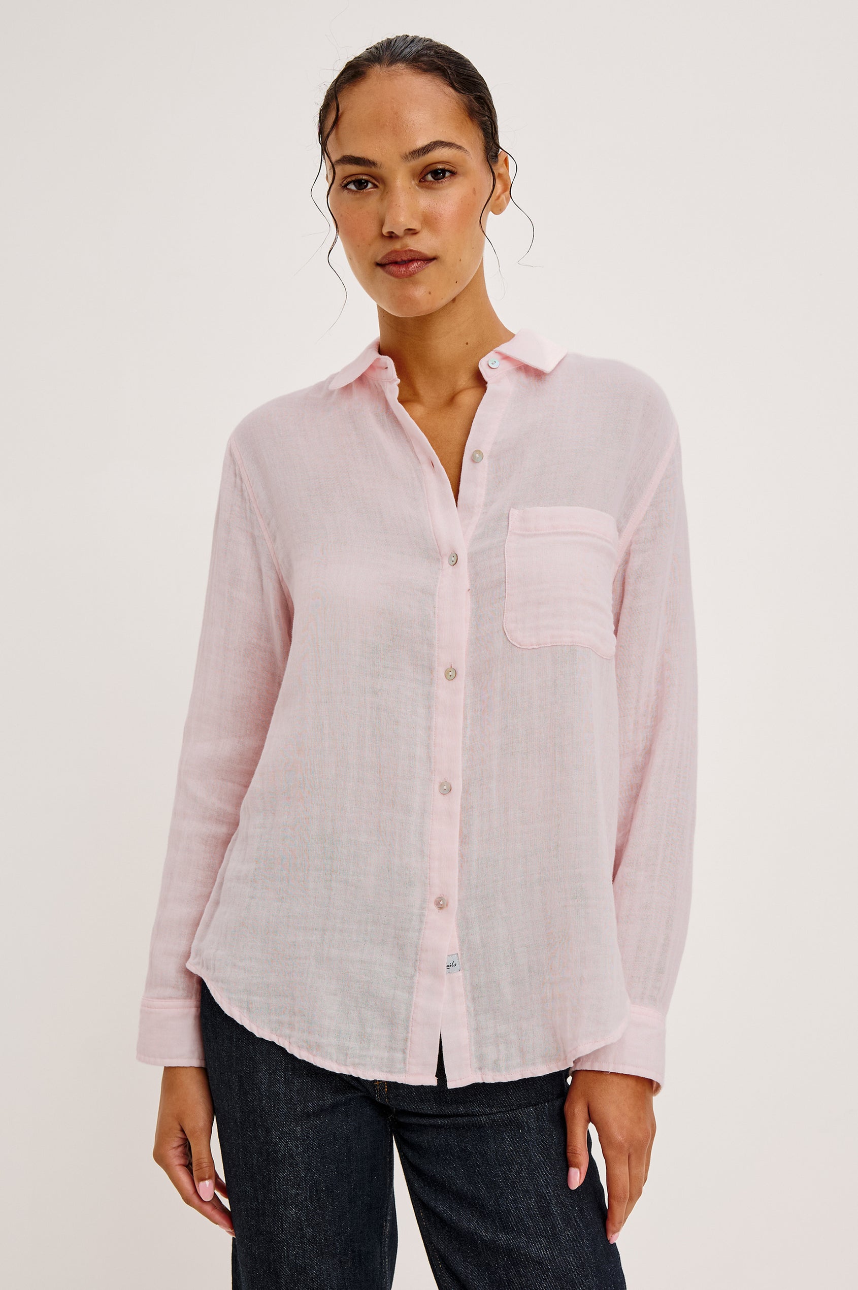 Ellis Long-Sleeve Button Down with Cuffs and a Patch Chest Pocket in Petal Colorway - Front Untucked View Featured on Model