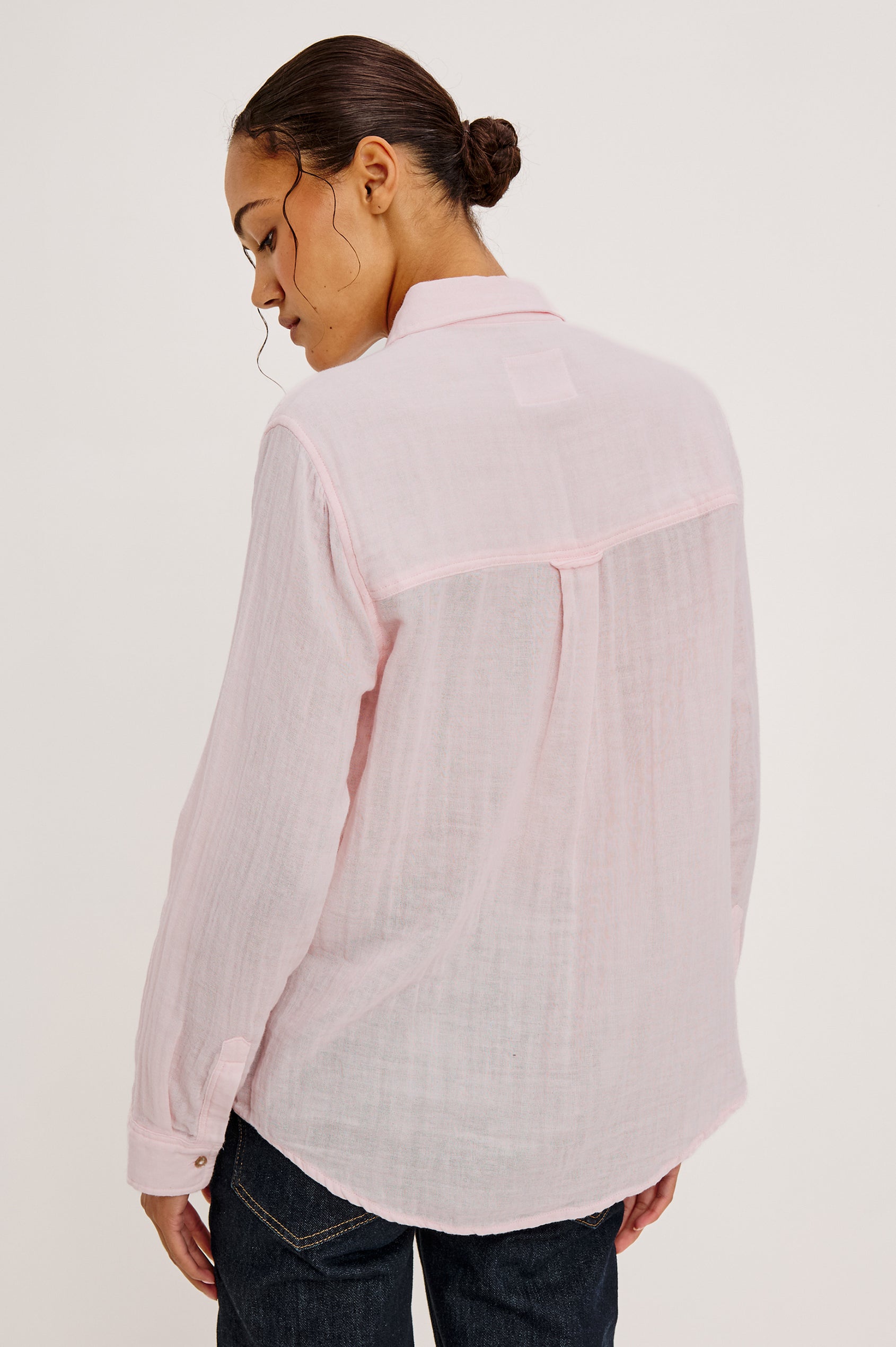 Ellis Long-Sleeve Button Down with Cuffs and a Patch Chest Pocket in Petal Colorway - Back View Featured on Model
