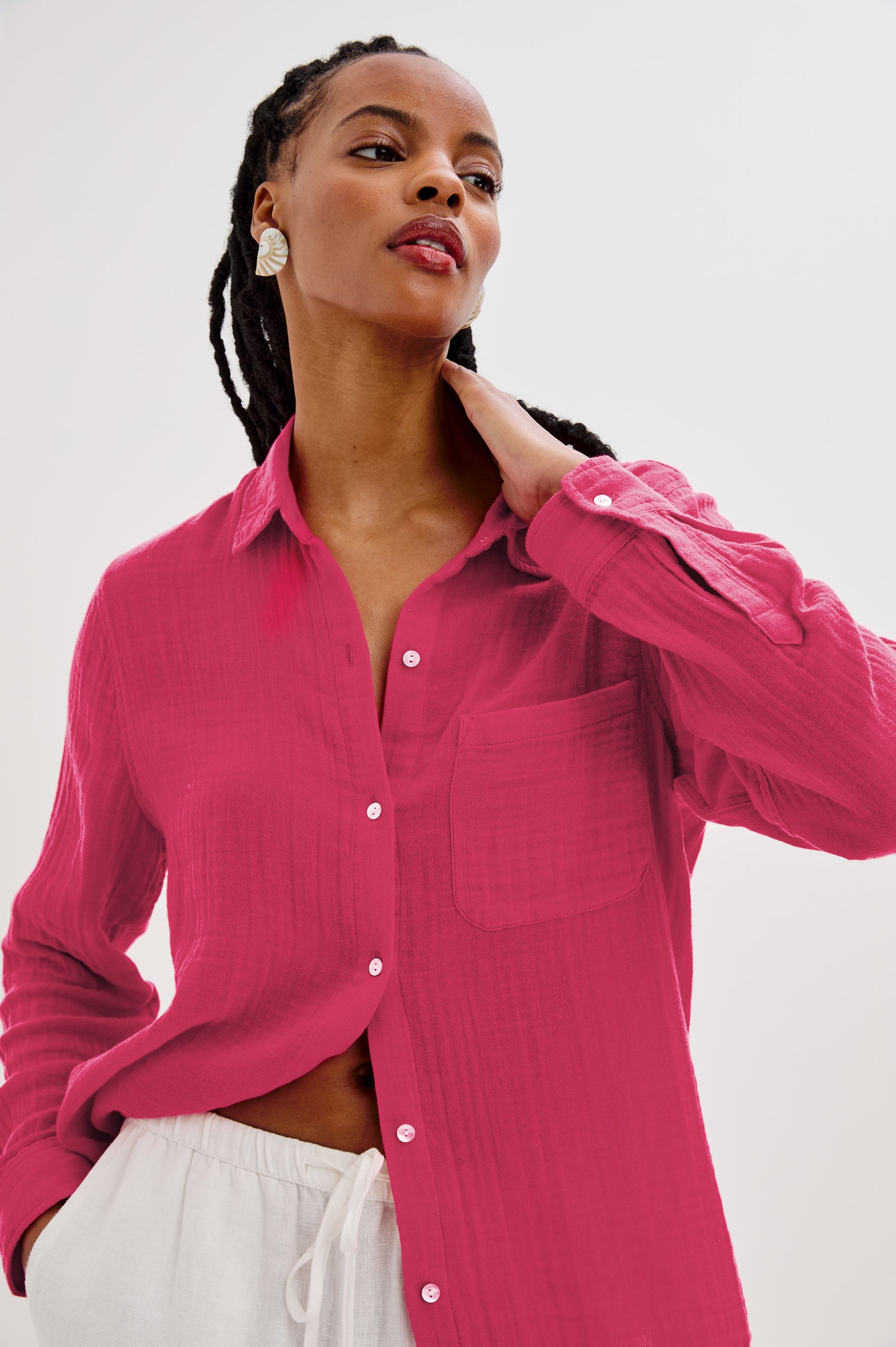 Ellis Relaxed Collared Button Front Shirt with Long Sleeves and a Chest Pocket in Raspberry Colorway. Front Detail View Shown on Model.