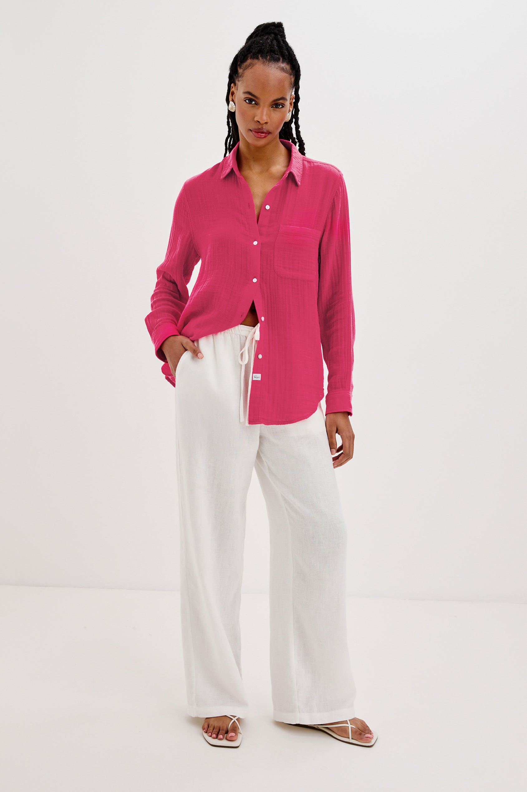 Ellis Relaxed Collared Button Front Shirt with Long Sleeves and a Chest Pocket in Raspberry Colorway. Full Body Front View Shown on Model.