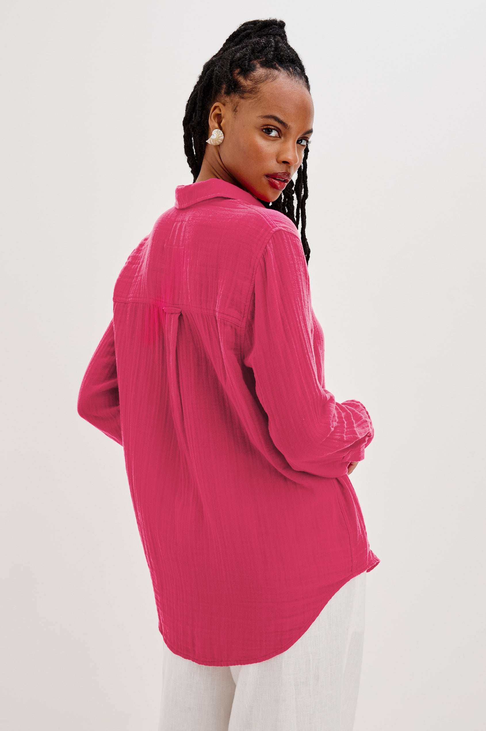Ellis Relaxed Collared Button Front Shirt with Long Sleeves and a Chest Pocket in Raspberry Colorway. Back View Shown on Model.