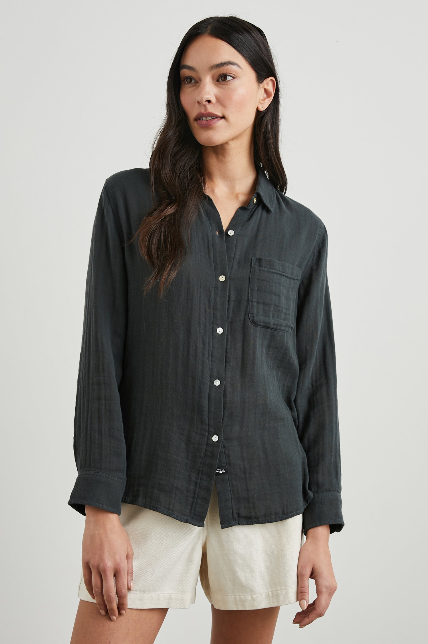 Ellis Long-Sleeve Button Down with Cuffs and a Patch Chest Pocket in Washed Black Colorway - Front View Featured on Model
