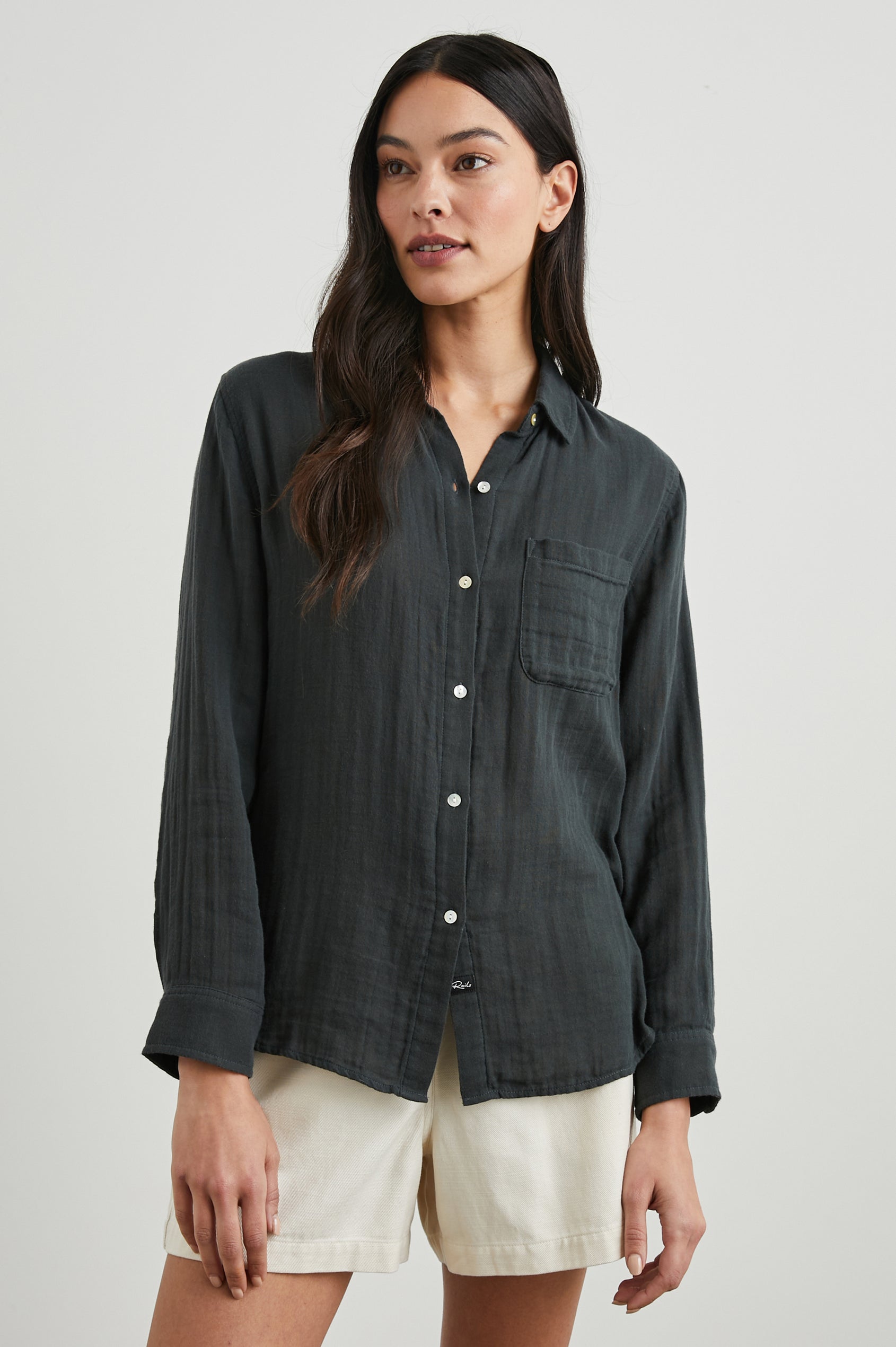 Ellis Long-Sleeve Button Down with Cuffs and a Patch Chest Pocket in Washed Black Colorway - Front View Featured on Model
