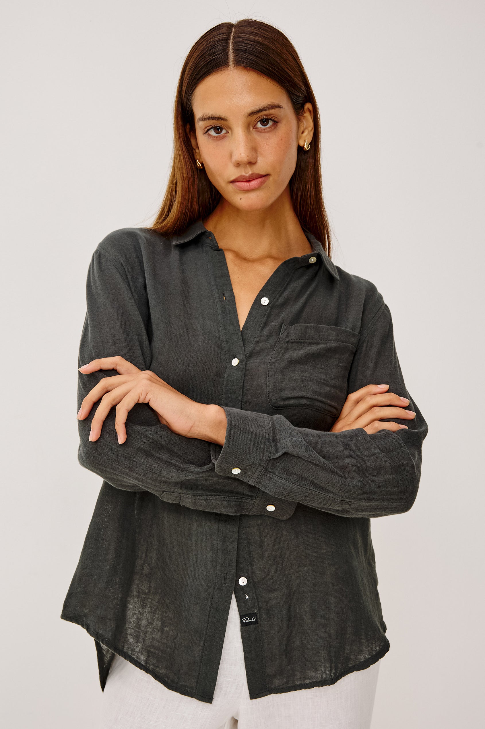Ellis Button-Up Shirt in Cotton Gauze With Relaxed Fit, Chest Patch Pocket, and Long Sleeves in Washed Black Colorway - Upper Body Front View Featured on Model
