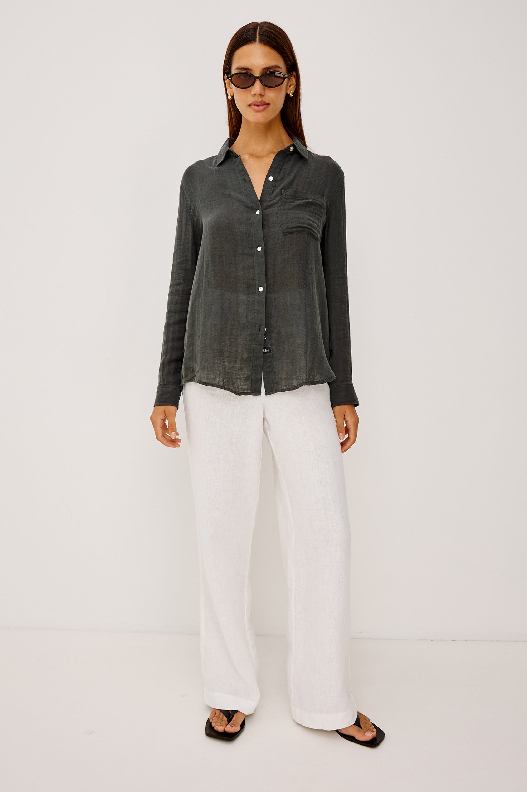 Ellis Button-Up Shirt in Cotton Gauze With Relaxed Fit, Chest Patch Pocket, and Long Sleeves in Washed Black Colorway - Full Body Front View Featured on Model