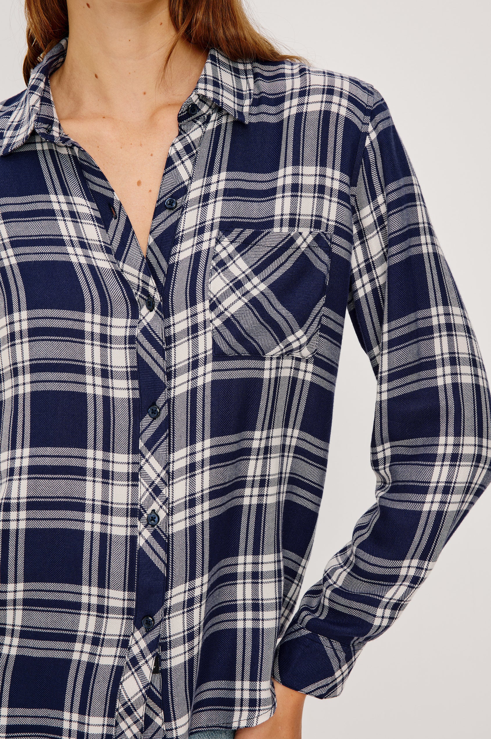 Hunter Long-Sleeve Button Up with a Chest Patch Pocket in Indigo Navy Colorway, plaid - Close up View Featured on Model